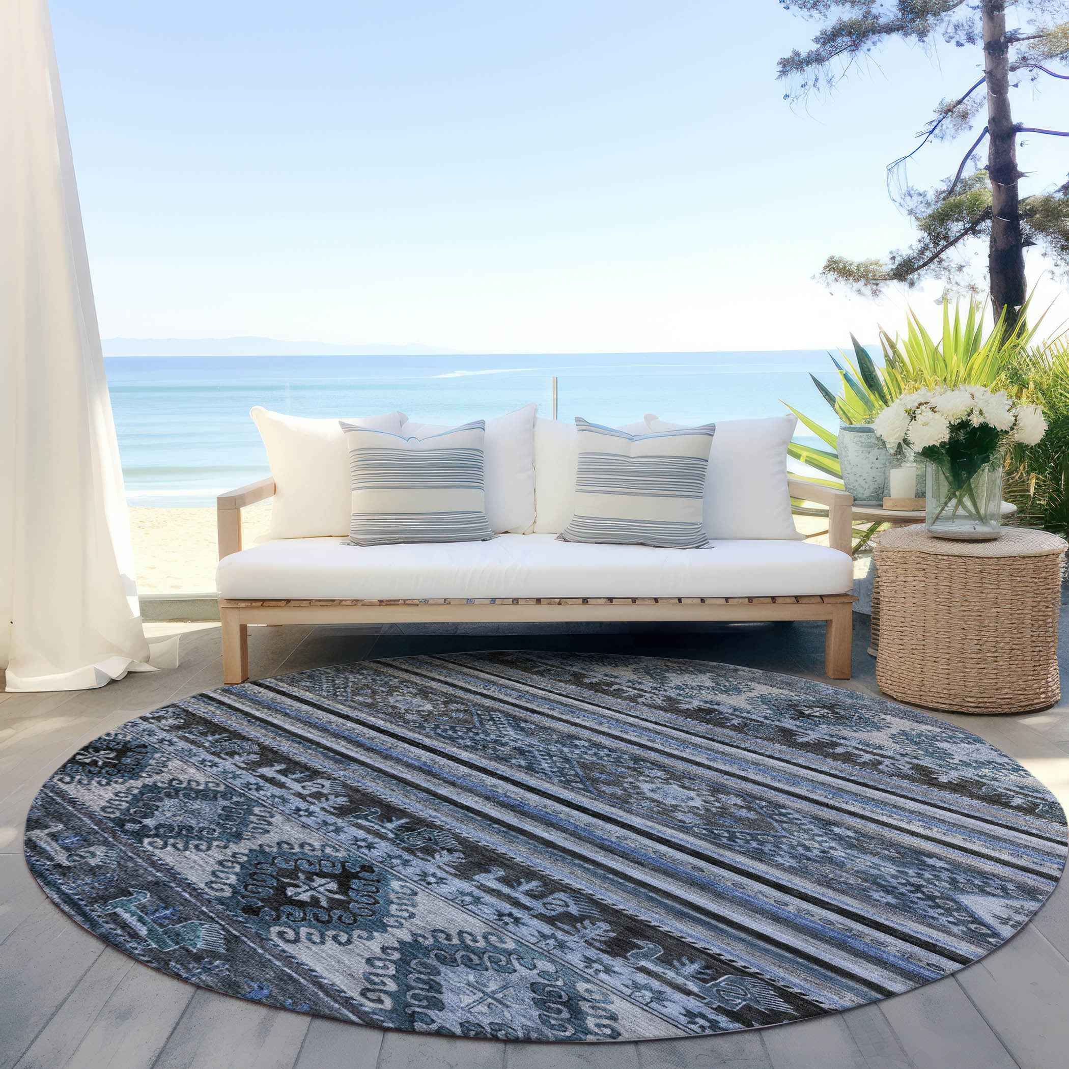 8' Blue Gray And Charcoal Round Tribal Washable Indoor Outdoor Area Rug