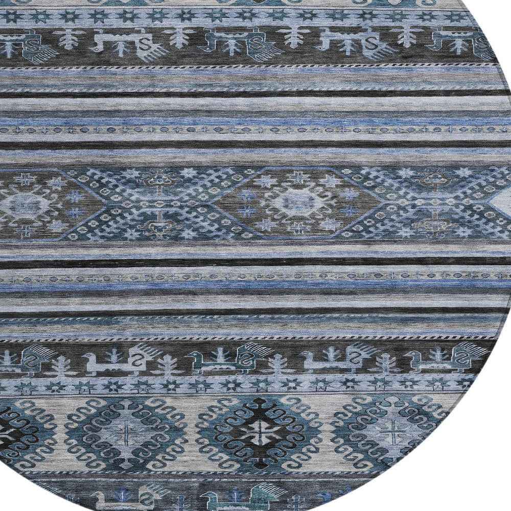 8' Blue Gray And Charcoal Round Tribal Washable Indoor Outdoor Area Rug