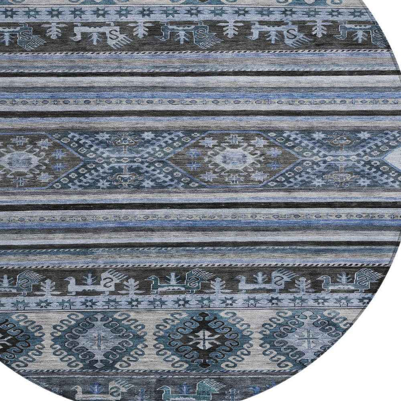 8' Blue Gray And Charcoal Round Tribal Washable Indoor Outdoor Area Rug