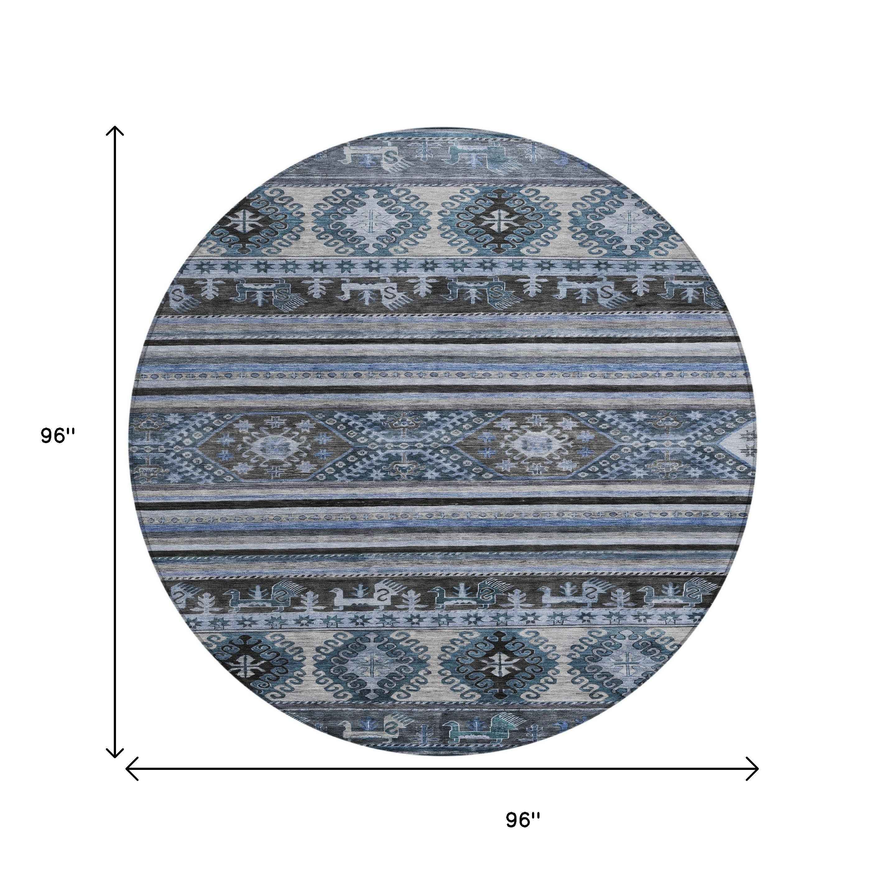 8' Blue Gray And Charcoal Round Tribal Washable Indoor Outdoor Area Rug