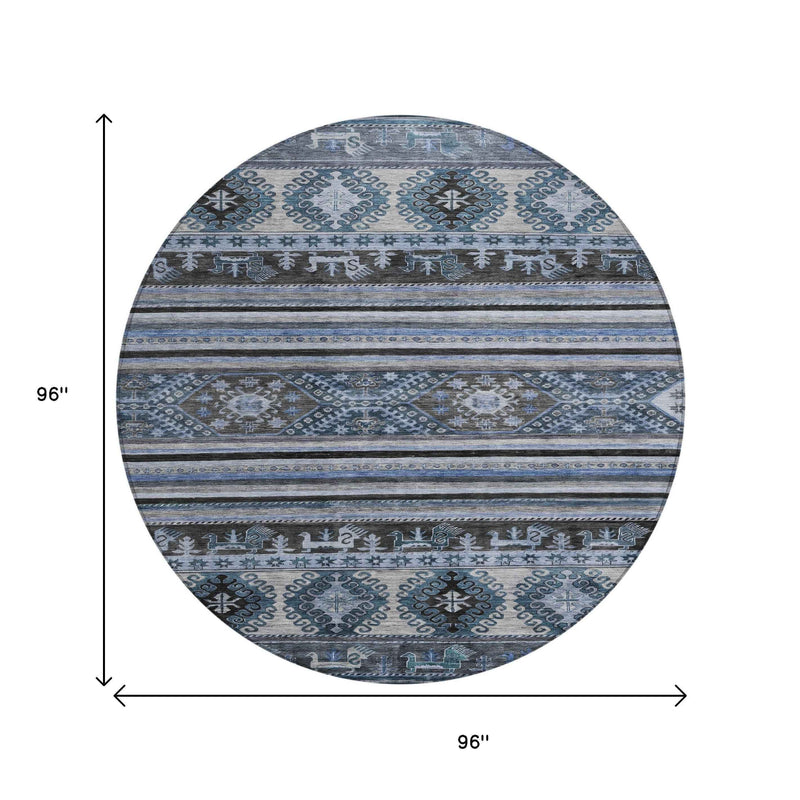 8' Blue Gray And Charcoal Round Tribal Washable Indoor Outdoor Area Rug