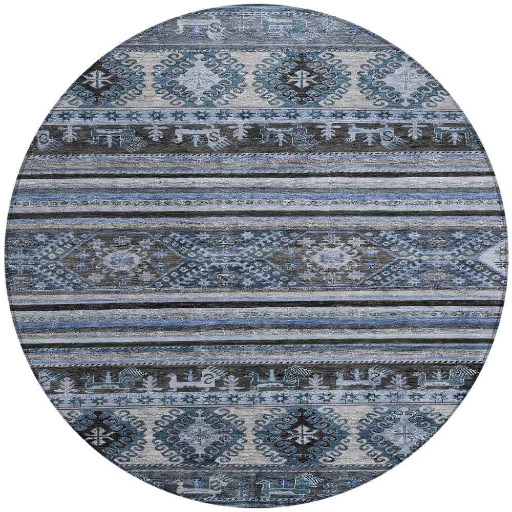 8' Blue Gray And Charcoal Round Tribal Washable Indoor Outdoor Area Rug