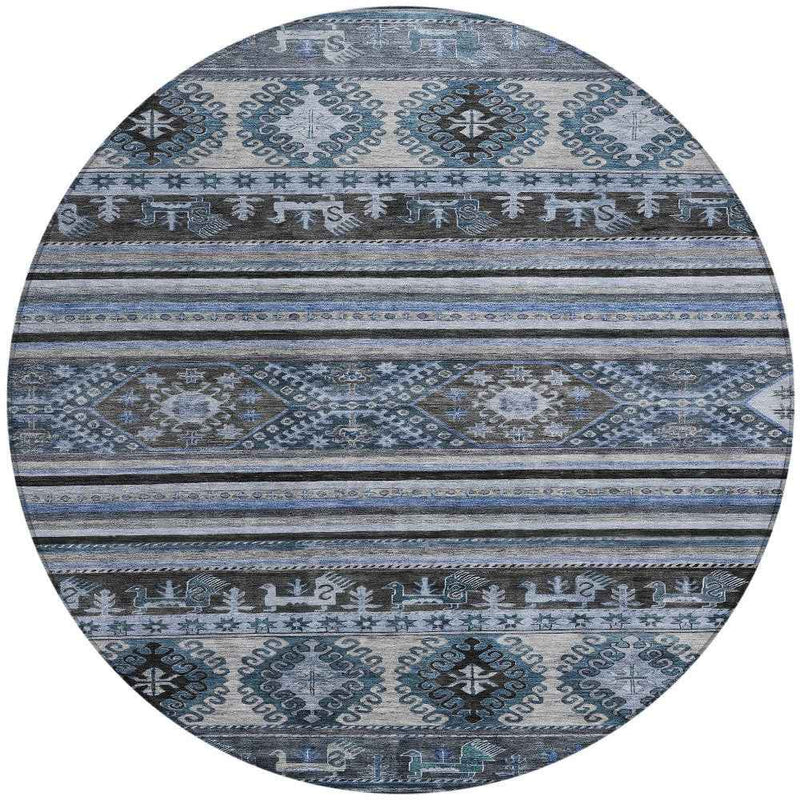 8' Blue Gray And Charcoal Round Tribal Washable Indoor Outdoor Area Rug