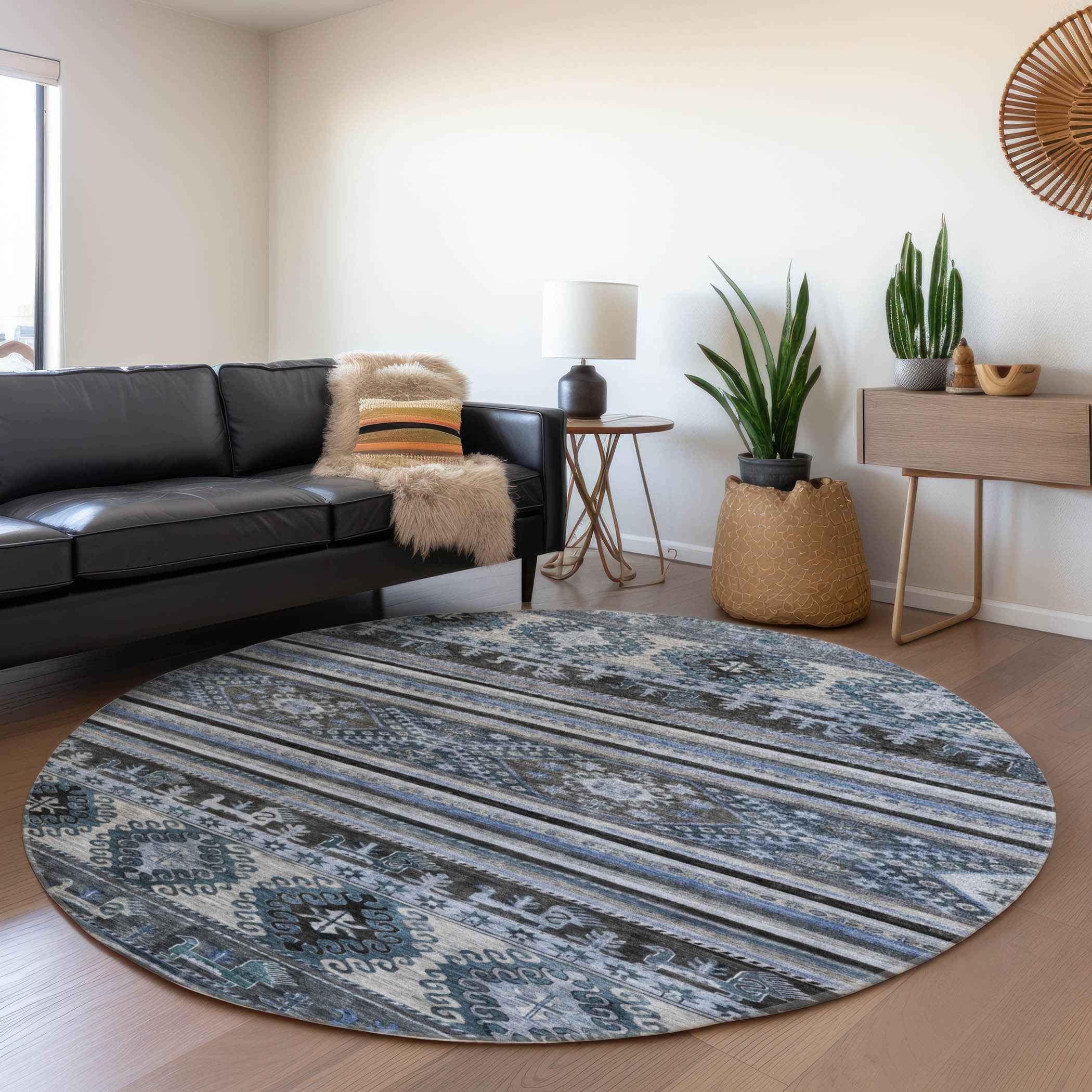 8' Blue Gray And Charcoal Round Tribal Washable Indoor Outdoor Area Rug