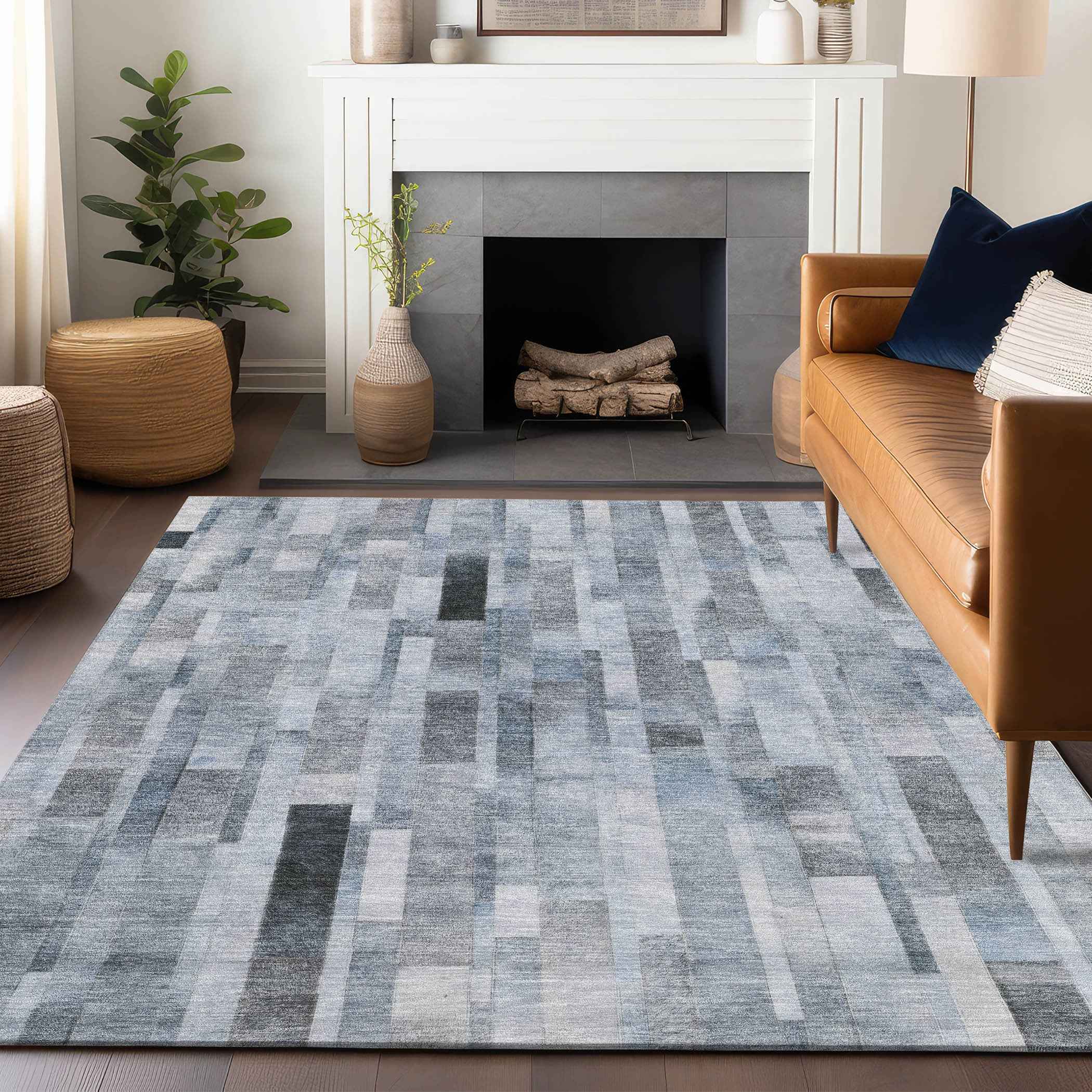 9' X 12' Blue And Gray Striped Washable Indoor Outdoor Area Rug