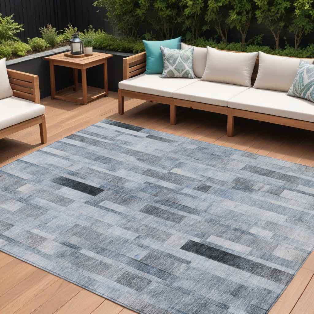 9' X 12' Blue And Gray Striped Washable Indoor Outdoor Area Rug