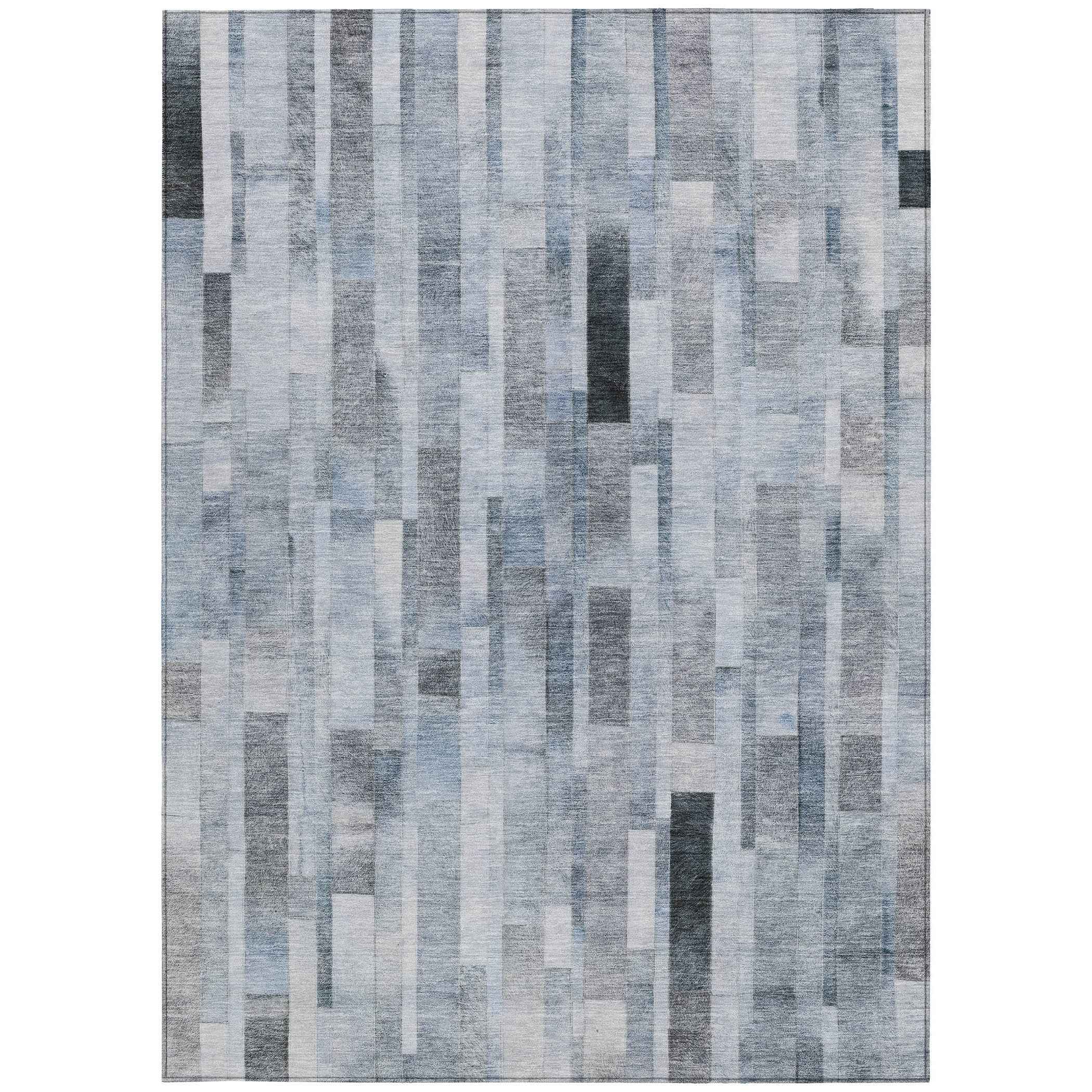 9' X 12' Blue And Gray Striped Washable Indoor Outdoor Area Rug