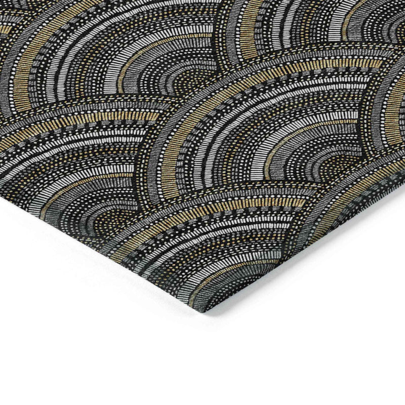 3' X 5' Black Ivory And Gold Geometric Washable Indoor Outdoor Area Rug