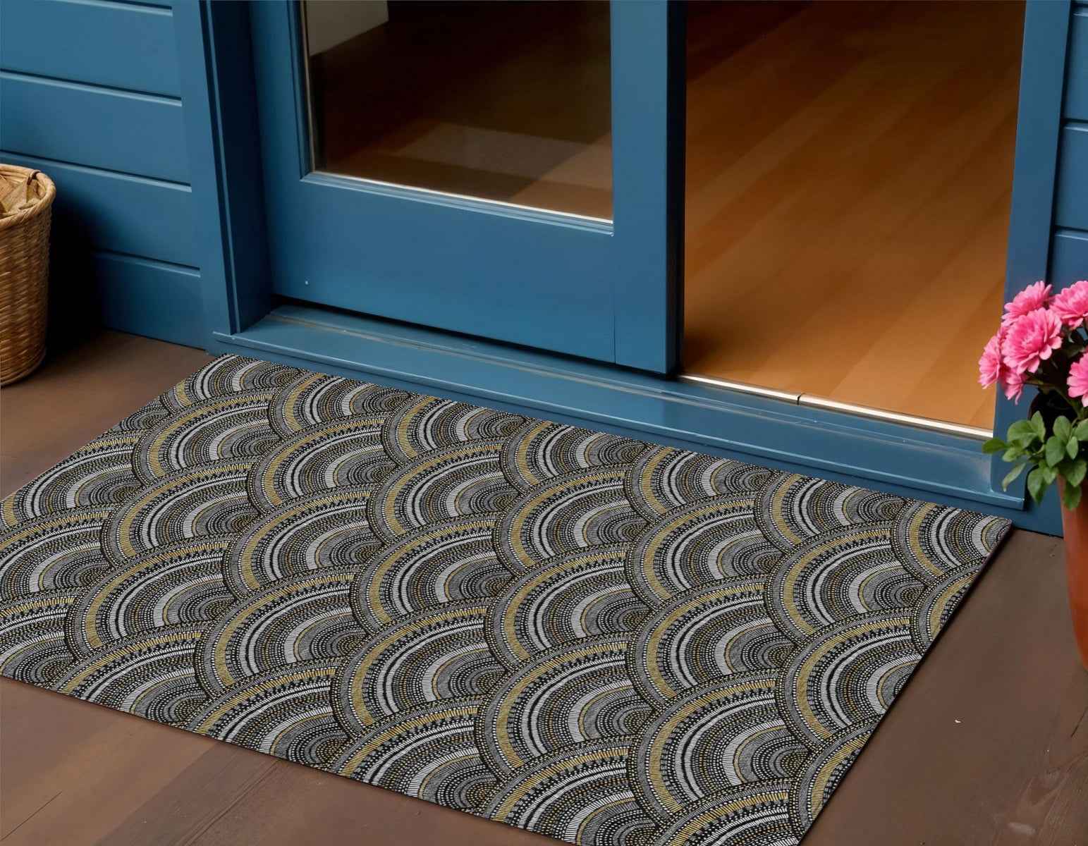 3' X 5' Black Ivory And Gold Geometric Washable Indoor Outdoor Area Rug