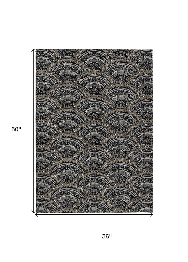 3' X 5' Black Ivory And Gold Geometric Washable Indoor Outdoor Area Rug