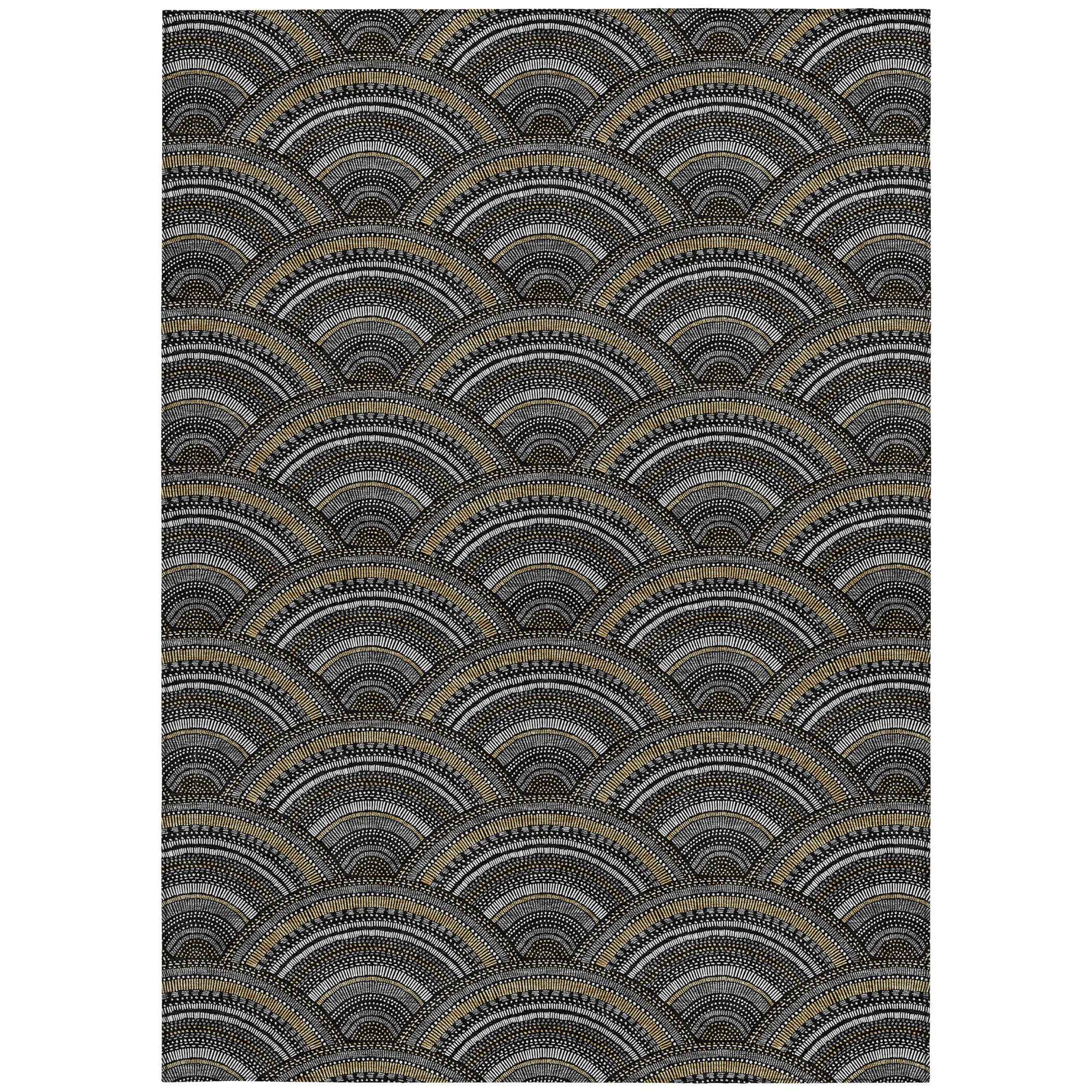 3' X 5' Black Ivory And Gold Geometric Washable Indoor Outdoor Area Rug