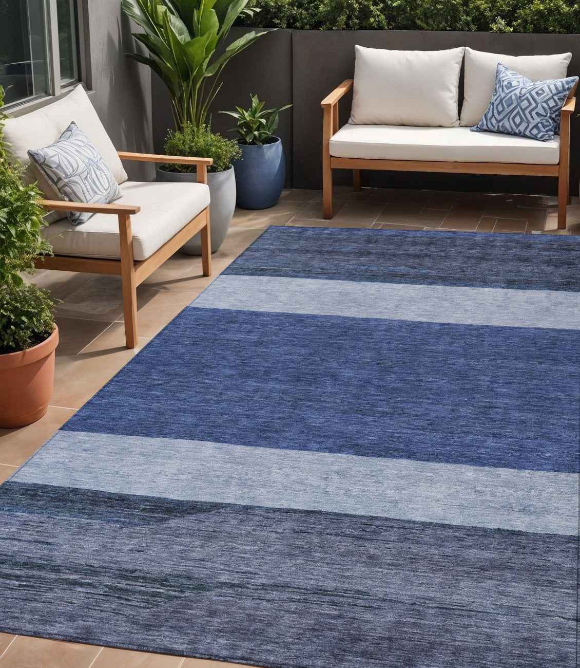 5' X 8' Navy Blue Sky Blue And Charcoal Abstract Washable Indoor Outdoor Area Rug