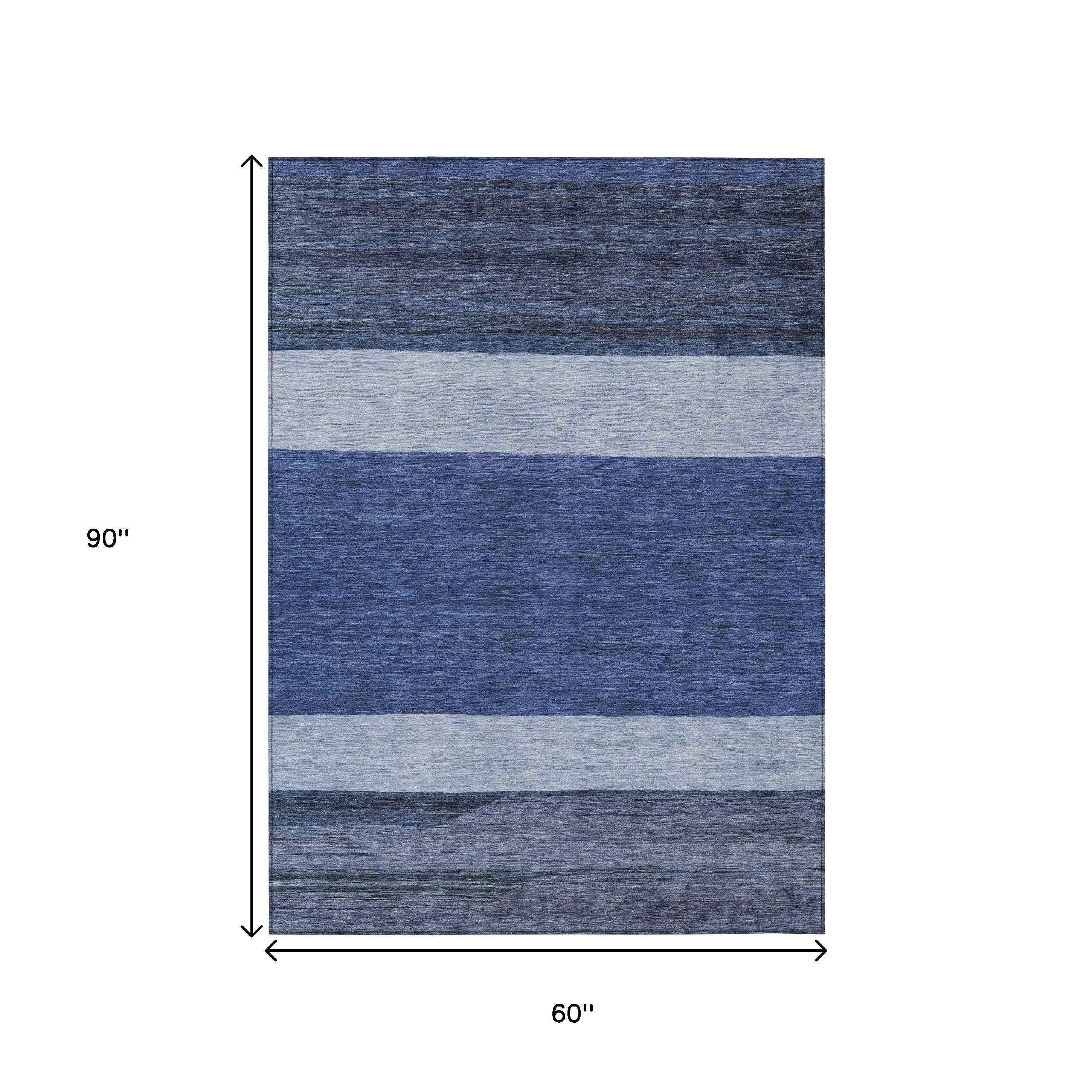 5' X 8' Navy Blue Sky Blue And Charcoal Abstract Washable Indoor Outdoor Area Rug