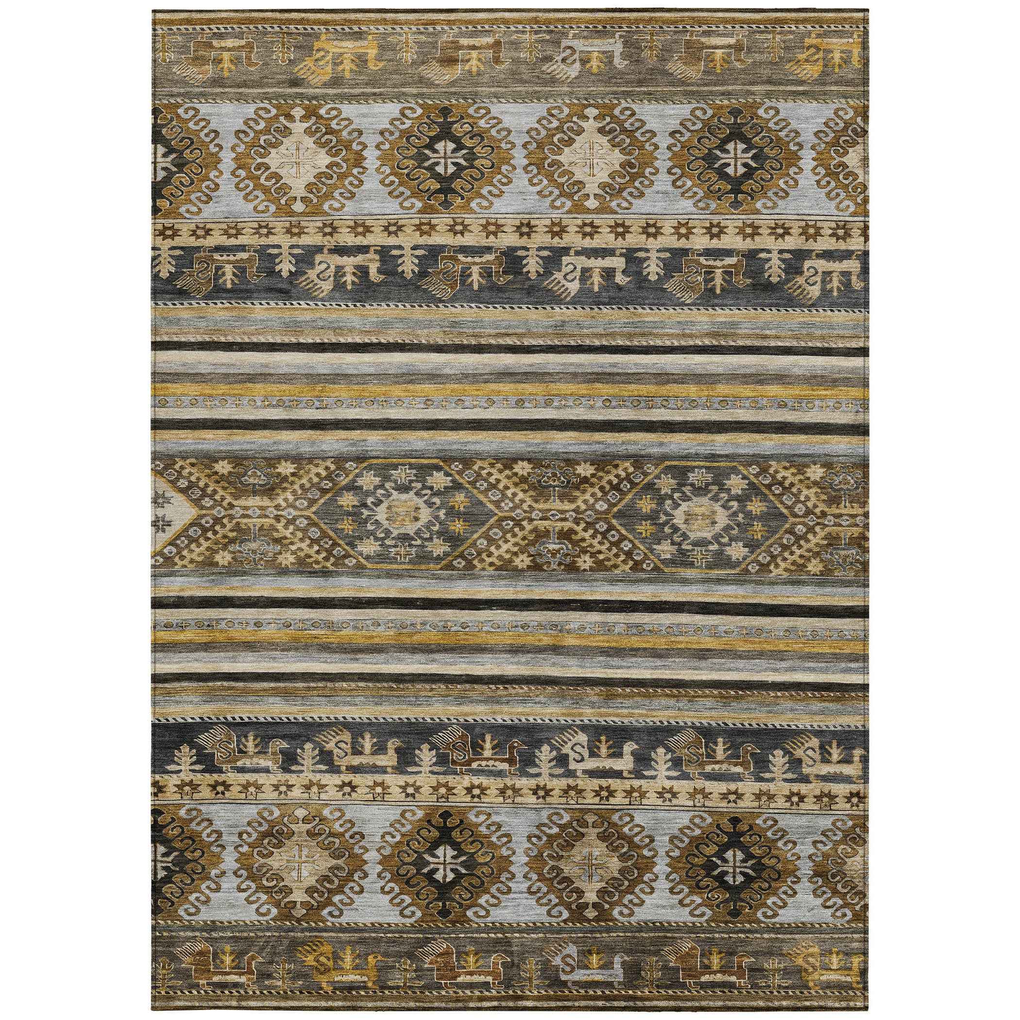 8' X 10' Chocolate Taupe And Gold Tribal Washable Indoor Outdoor Area Rug