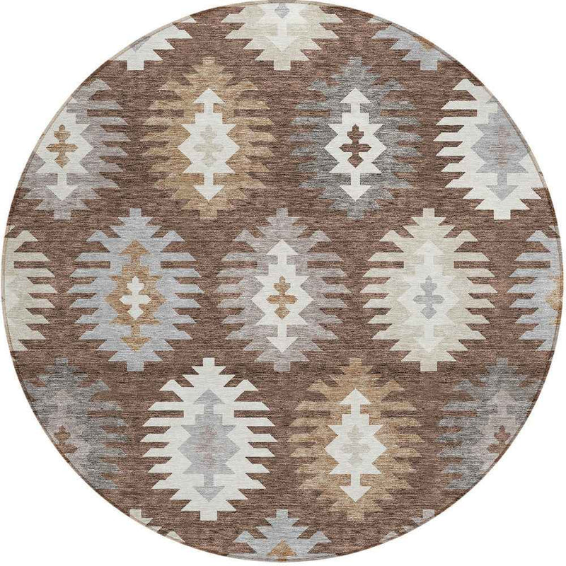 8' Brown Ivory And Taupe Round Southwestern Washable Indoor Outdoor Area Rug
