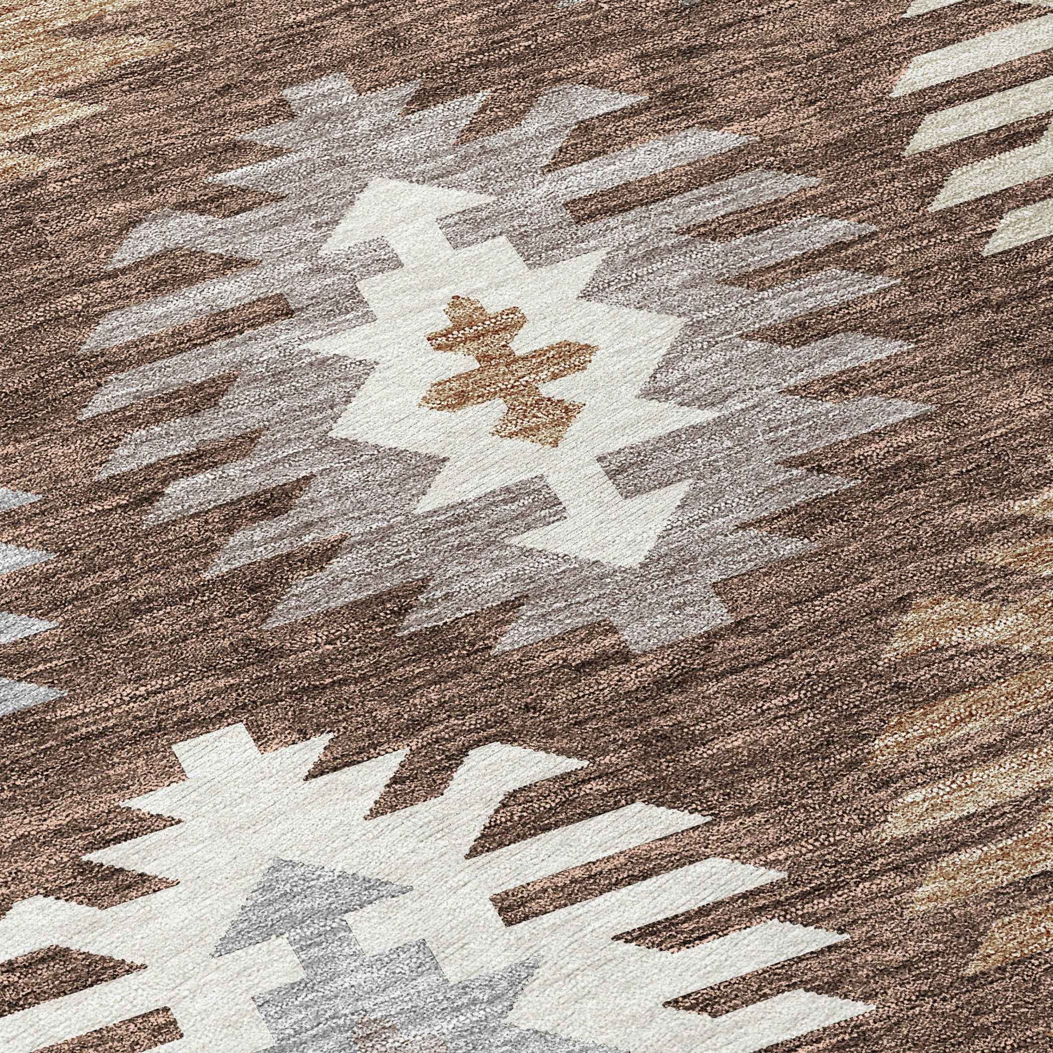 8' Brown Ivory And Taupe Round Southwestern Washable Indoor Outdoor Area Rug