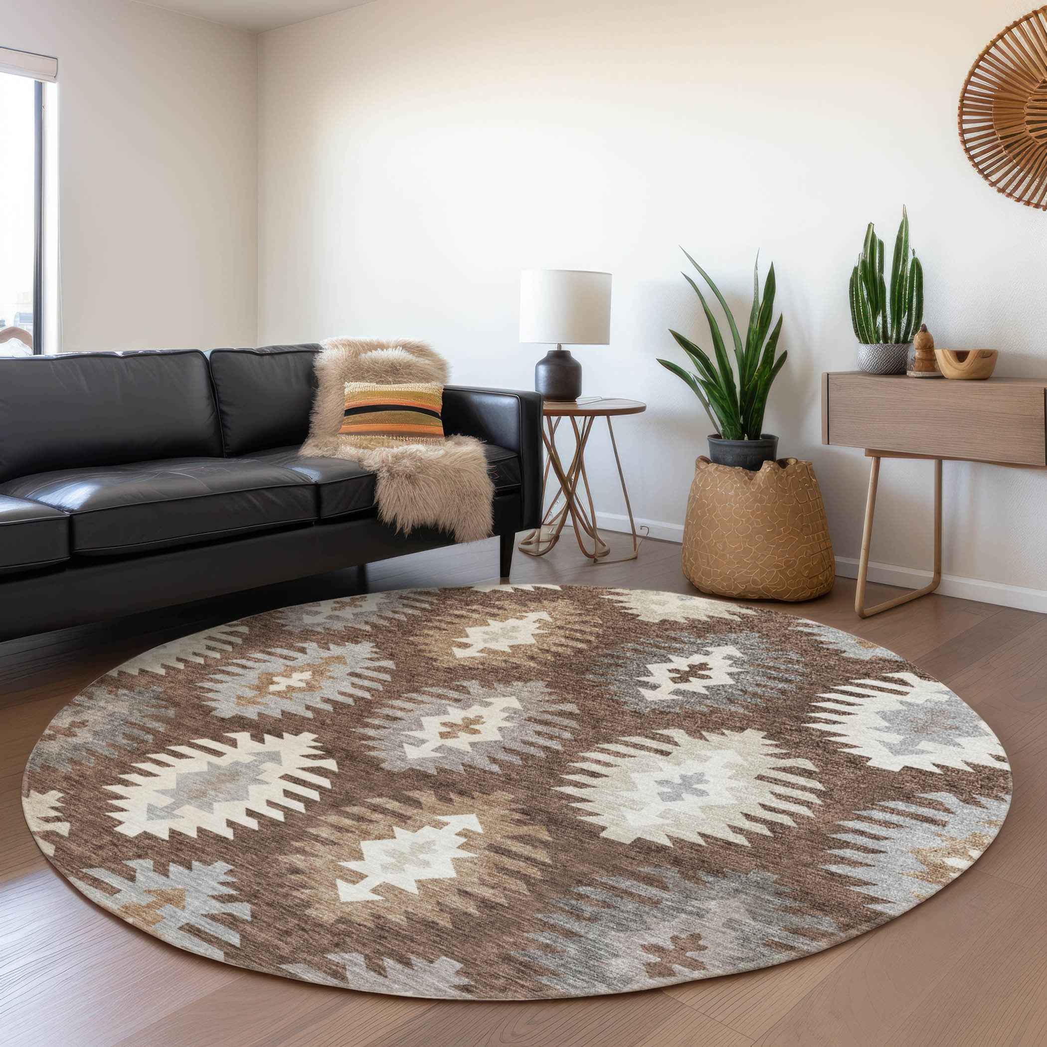 8' Brown Ivory And Taupe Round Southwestern Washable Indoor Outdoor Area Rug
