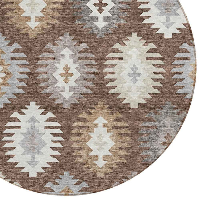 8' Brown Ivory And Taupe Round Southwestern Washable Indoor Outdoor Area Rug