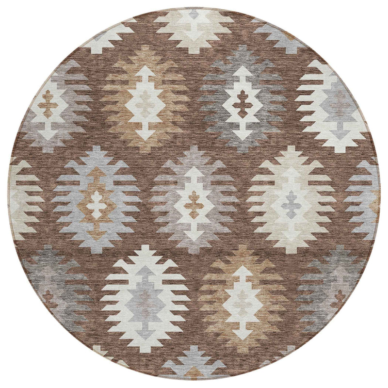 8' Brown Ivory And Taupe Round Southwestern Washable Indoor Outdoor Area Rug