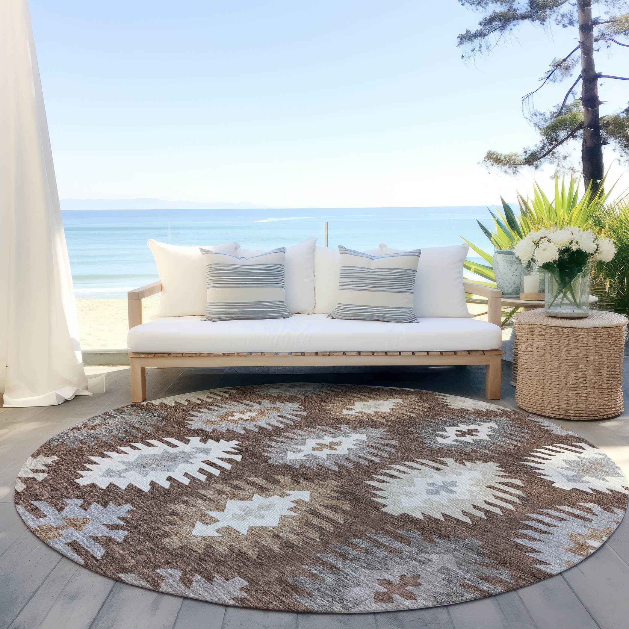 8' Brown Ivory And Taupe Round Southwestern Washable Indoor Outdoor Area Rug