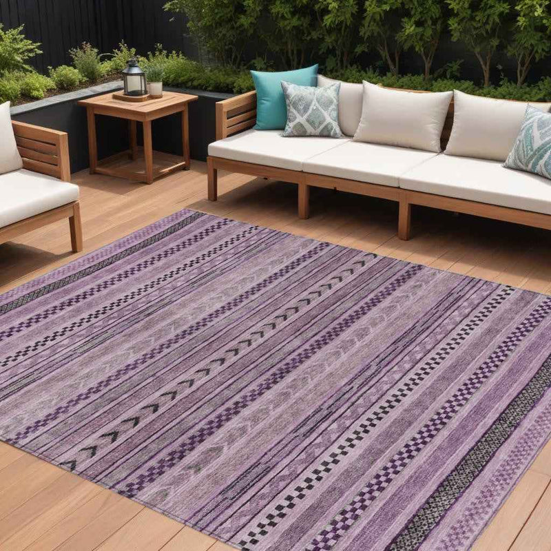 10' X 14' Plum And Lilac Striped Washable Indoor Outdoor Area Rug