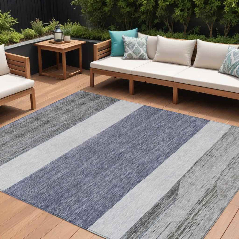 10' X 14' Denim Blue Ivory And Gray Abstract Washable Indoor Outdoor Area Rug
