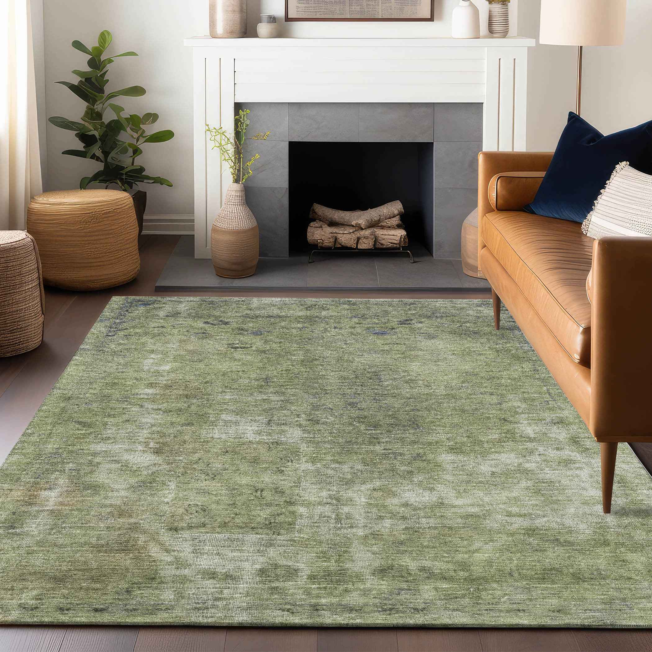9' X 12' Artichoke Green And Beige Abstract Washable Indoor Outdoor Area Rug