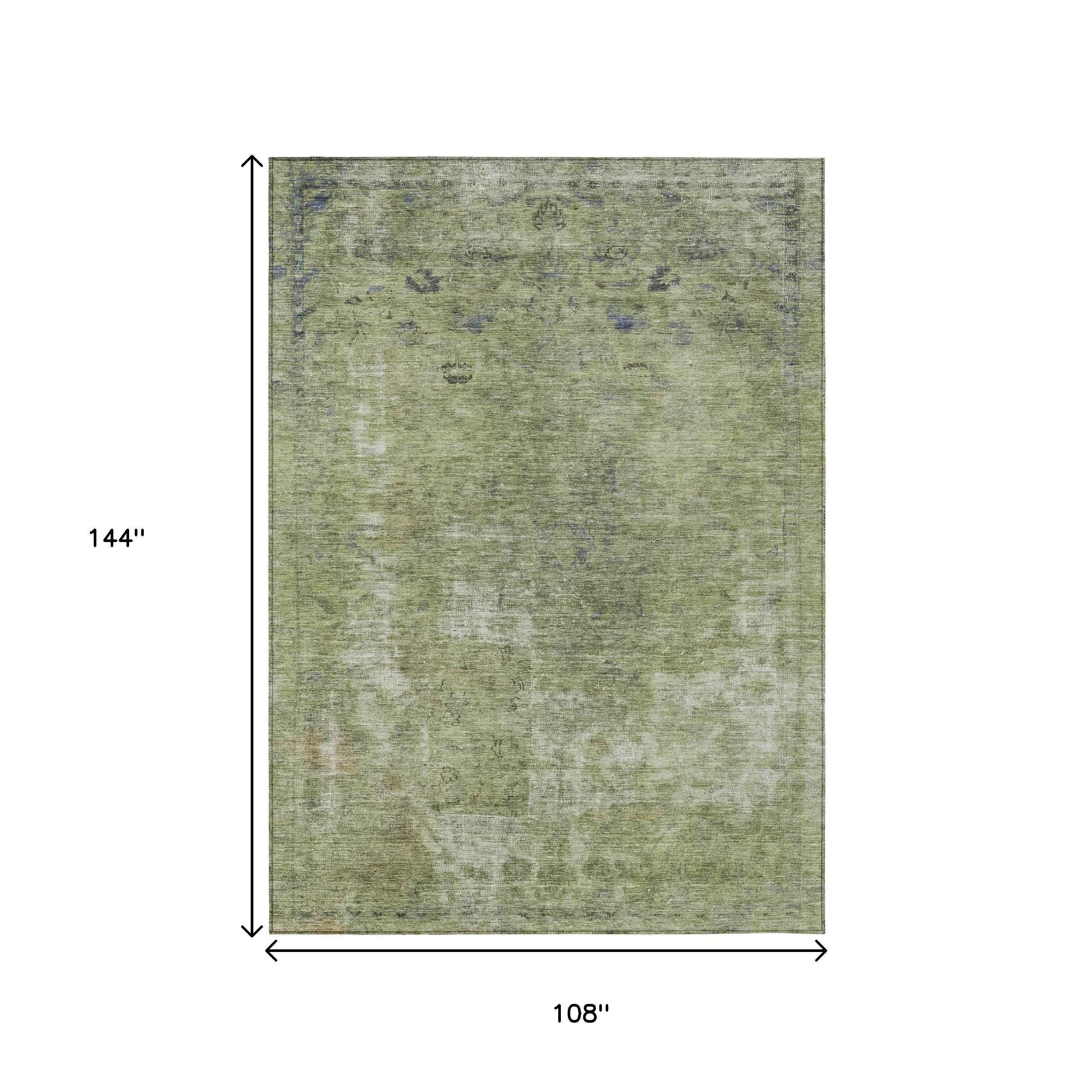 9' X 12' Artichoke Green And Beige Abstract Washable Indoor Outdoor Area Rug