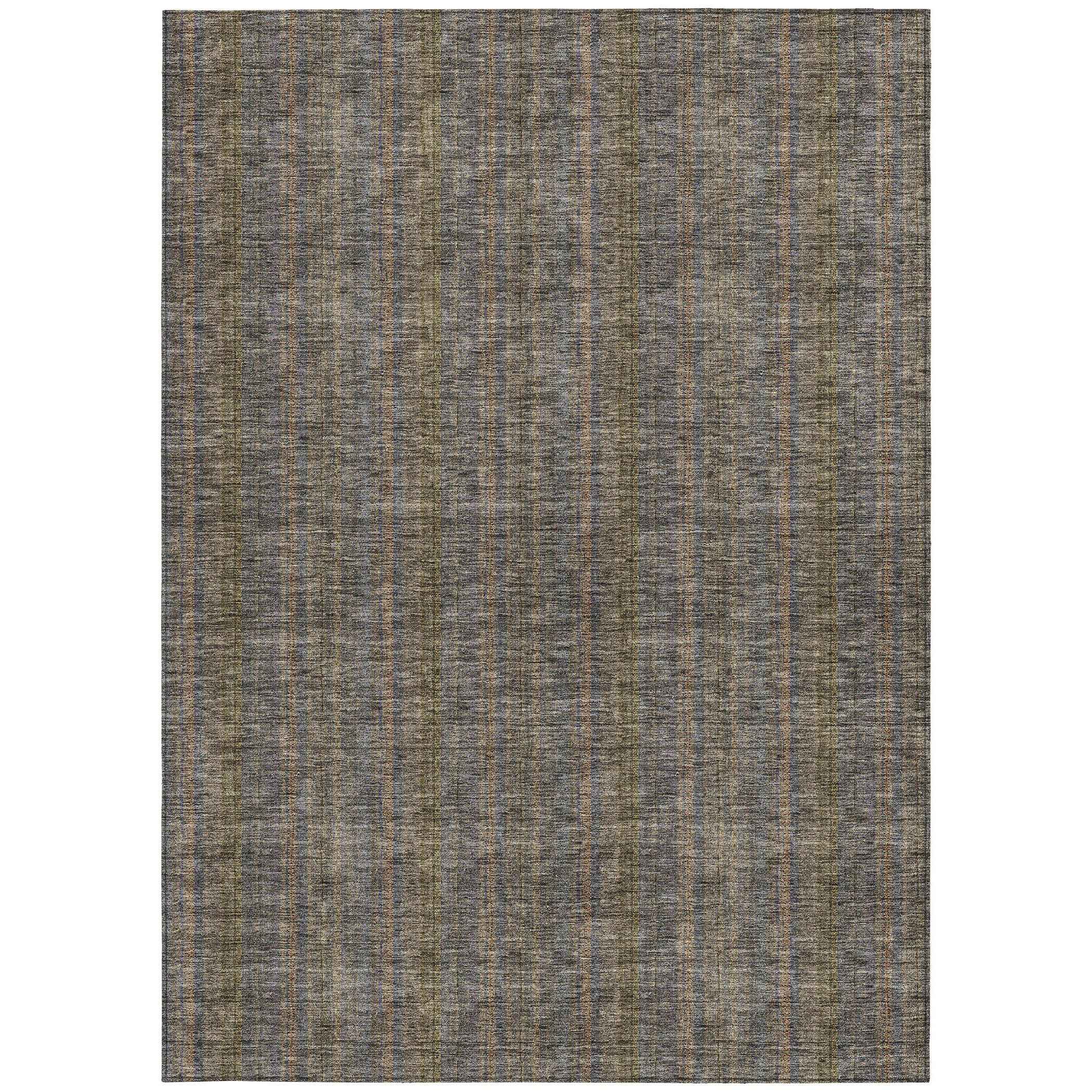 8' X 10' Taupe Denim Blue And Olive Green Striped Washable Indoor Outdoor Area Rug