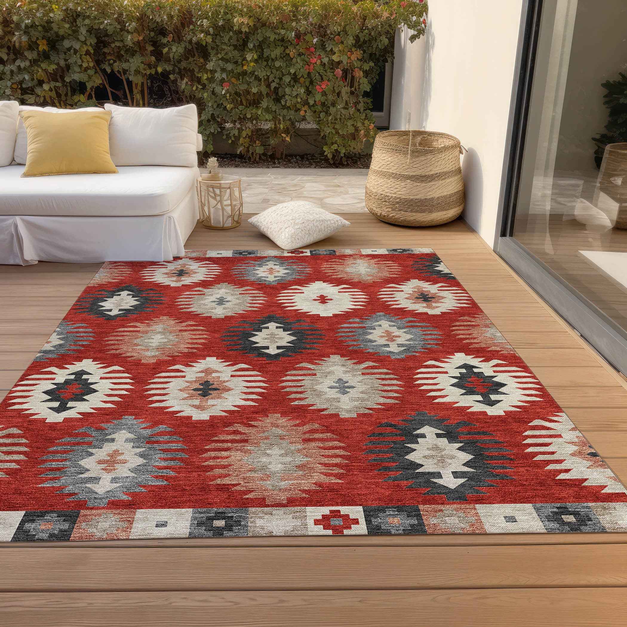 8' X 10' Red Ivory And Salmon Southwestern Washable Indoor Outdoor Area Rug