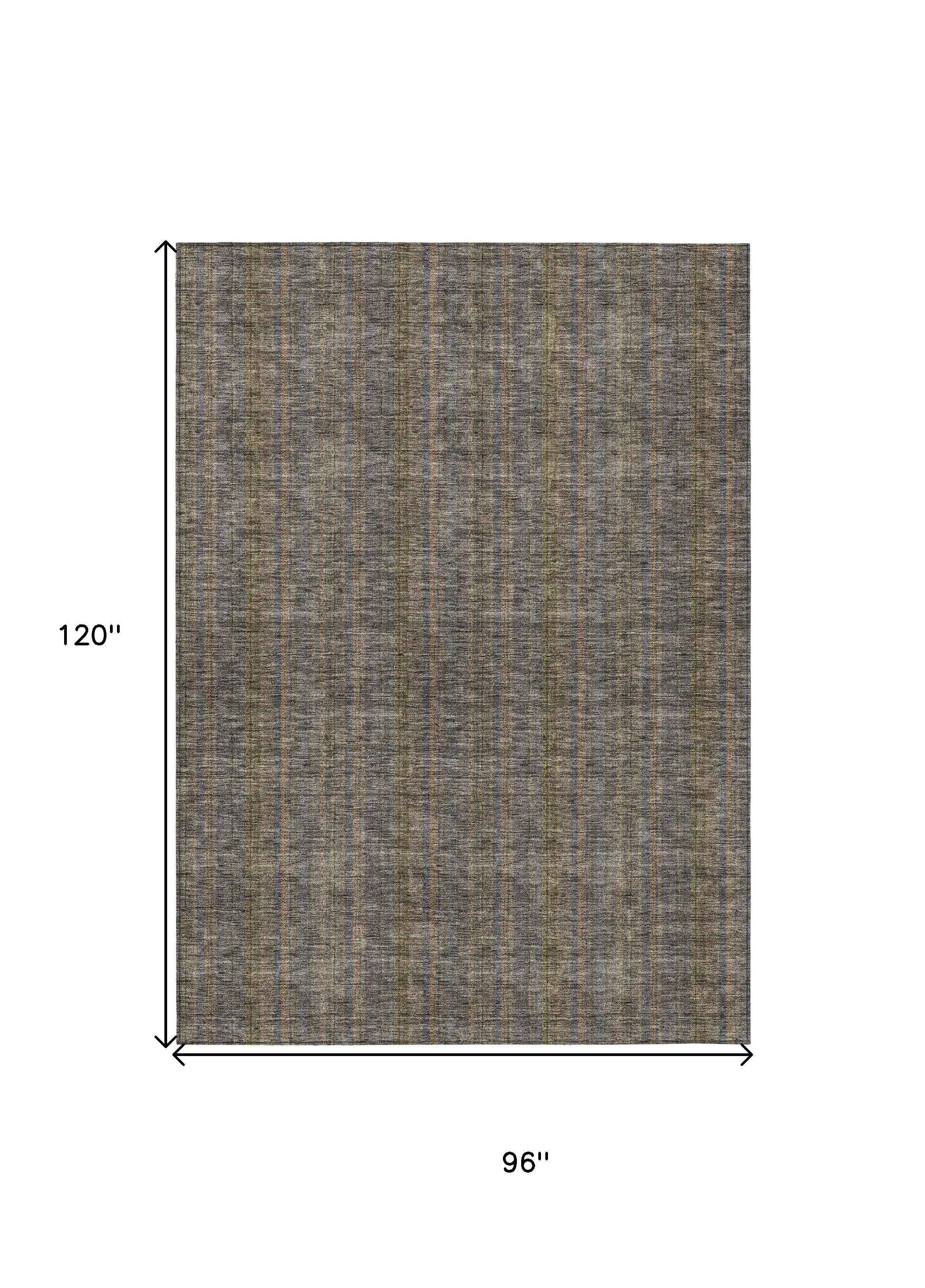 8' X 10' Taupe Denim Blue And Olive Green Striped Washable Indoor Outdoor Area Rug