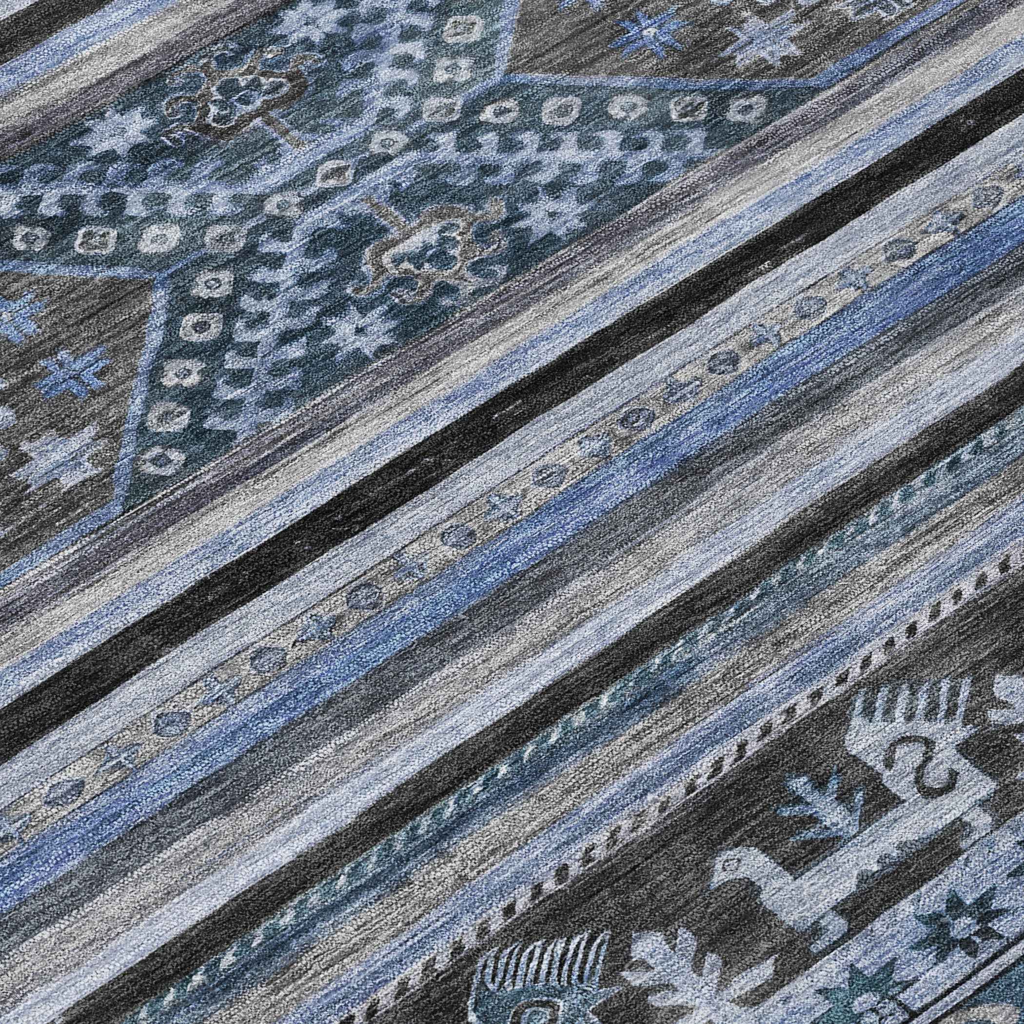 3' X 5' Blue Gray And Charcoal Tribal Washable Indoor Outdoor Area Rug