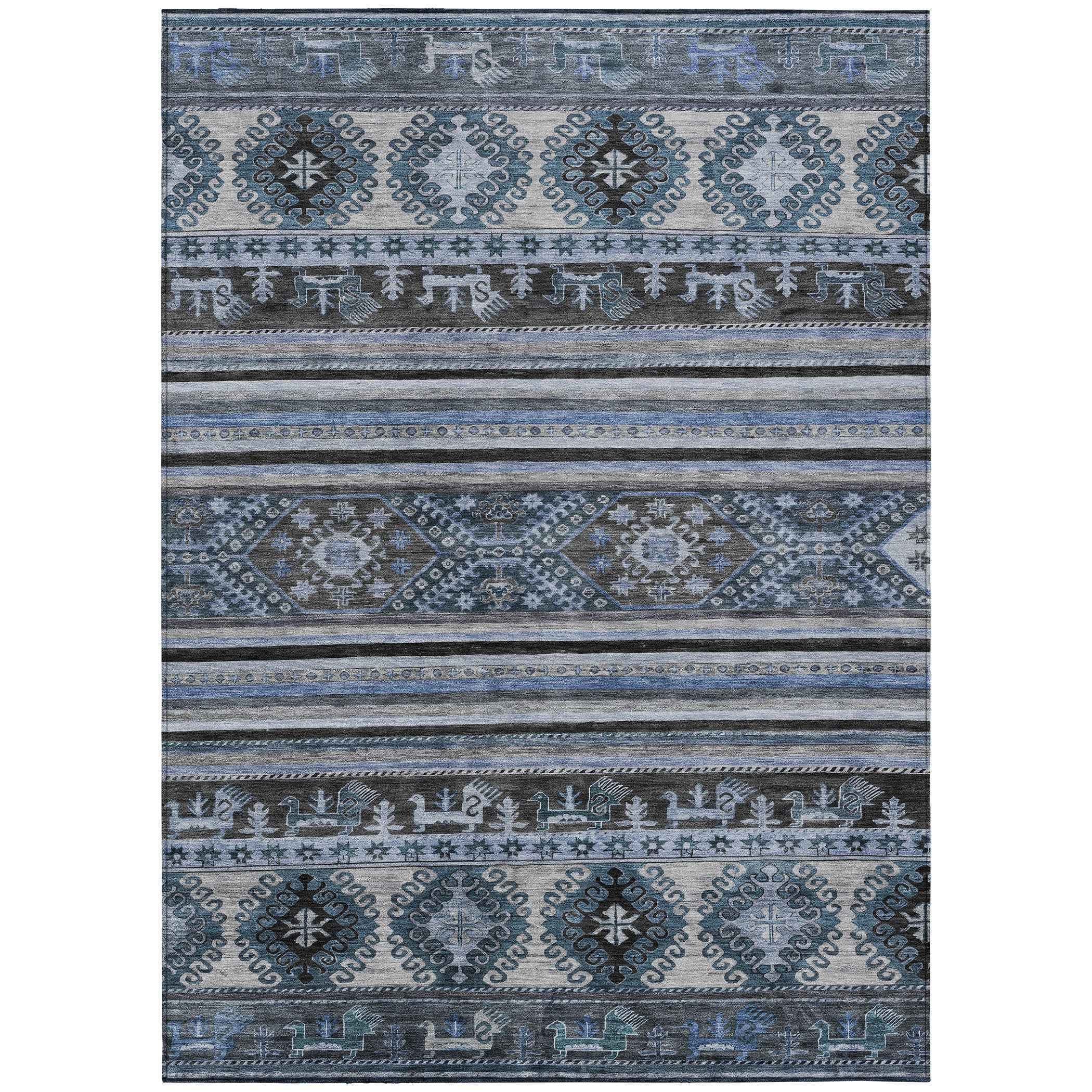 3' X 5' Blue Gray And Charcoal Tribal Washable Indoor Outdoor Area Rug