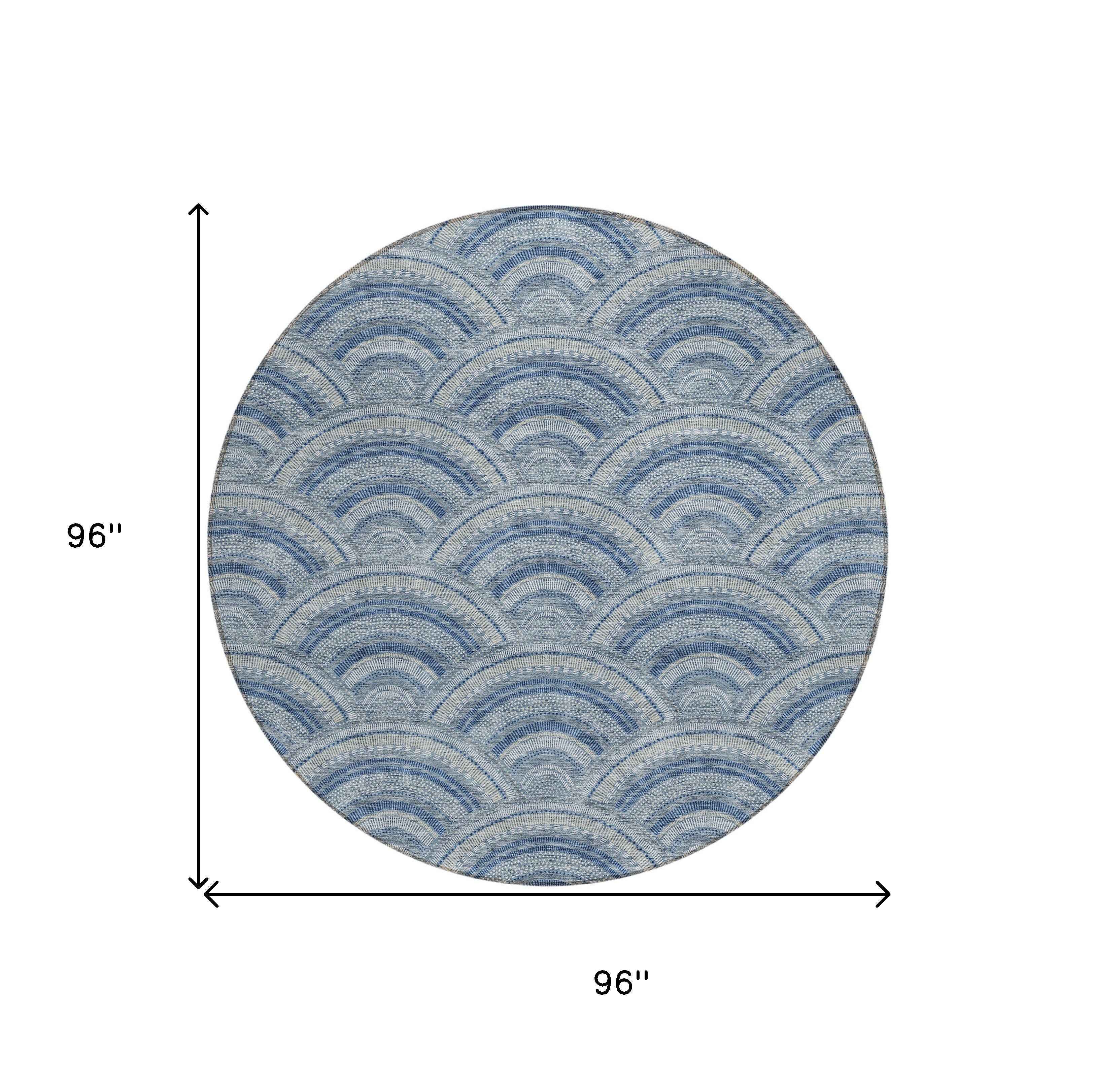 8' Denim Blue Navy Blue And Ivory Round Geometric Washable Indoor Outdoor Area Rug