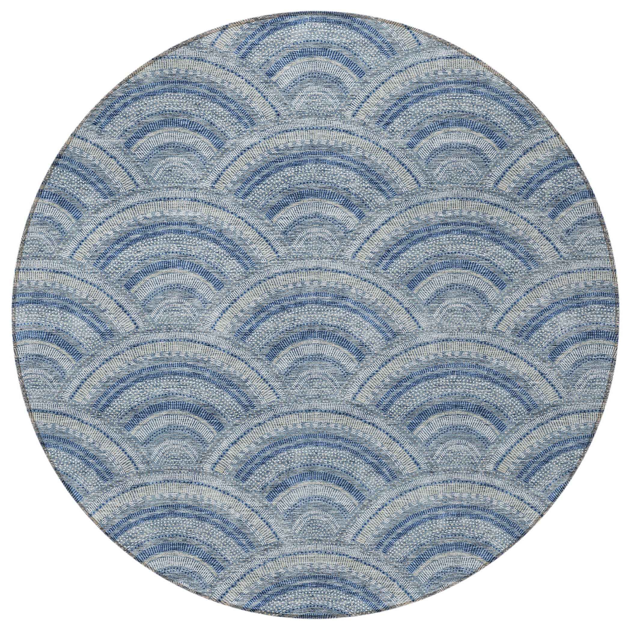 8' Denim Blue Navy Blue And Ivory Round Geometric Washable Indoor Outdoor Area Rug
