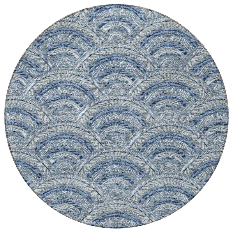 8' Denim Blue Navy Blue And Ivory Round Geometric Washable Indoor Outdoor Area Rug