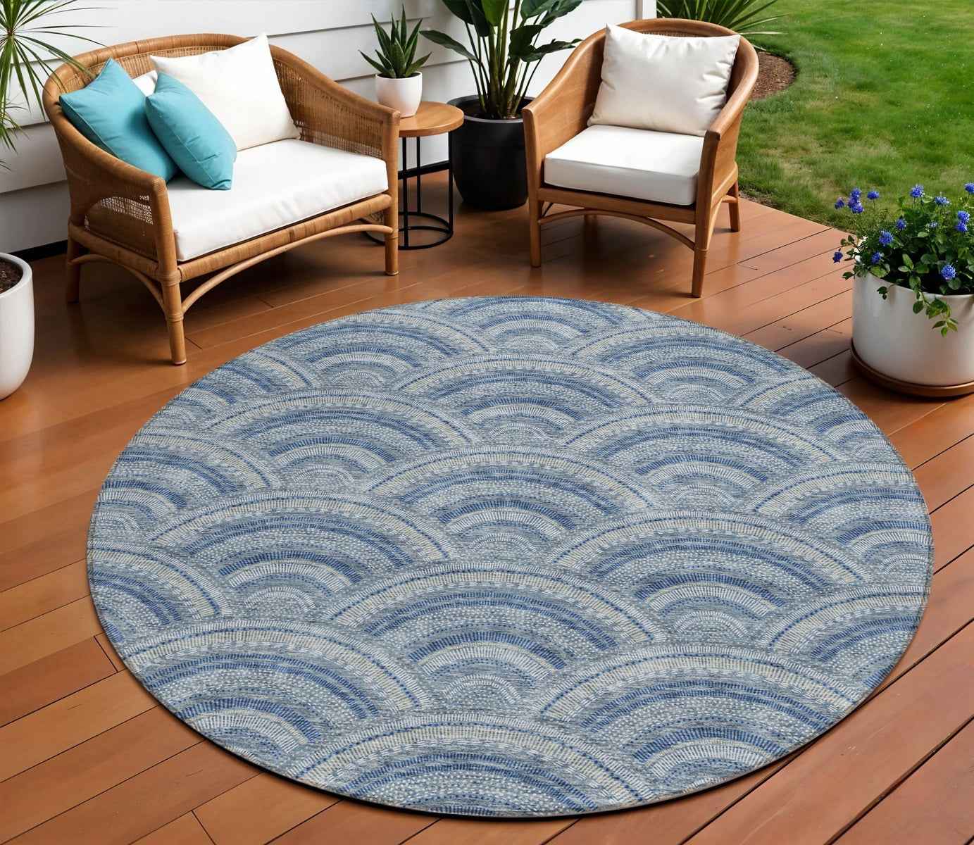8' Denim Blue Navy Blue And Ivory Round Geometric Washable Indoor Outdoor Area Rug