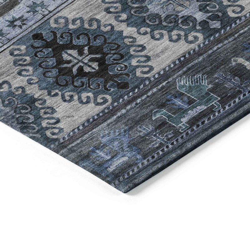 3' X 5' Blue Gray And Charcoal Tribal Washable Indoor Outdoor Area Rug