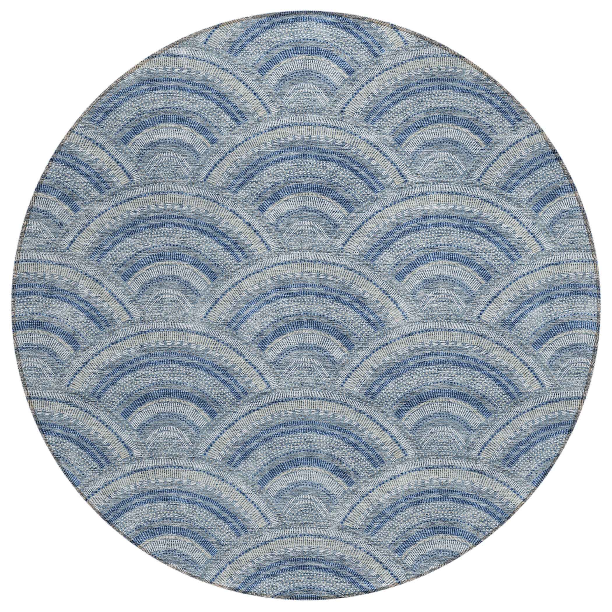 8' Denim Blue Navy Blue And Ivory Round Geometric Washable Indoor Outdoor Area Rug