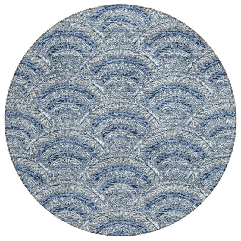 8' Denim Blue Navy Blue And Ivory Round Geometric Washable Indoor Outdoor Area Rug