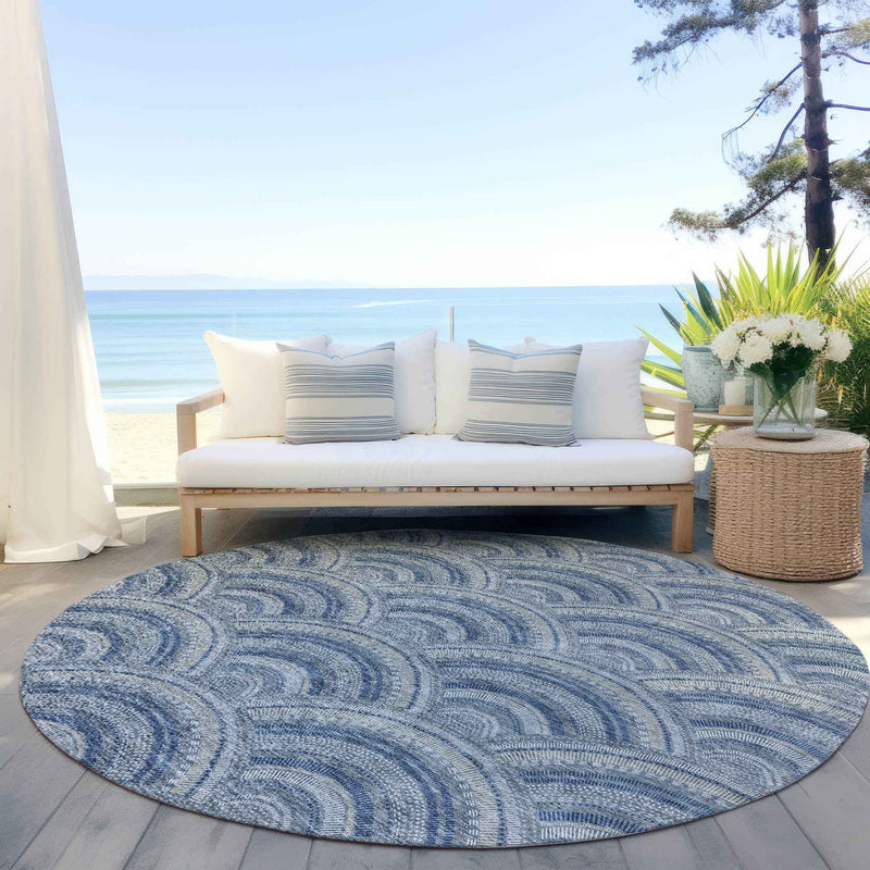 8' Denim Blue Navy Blue And Ivory Round Geometric Washable Indoor Outdoor Area Rug