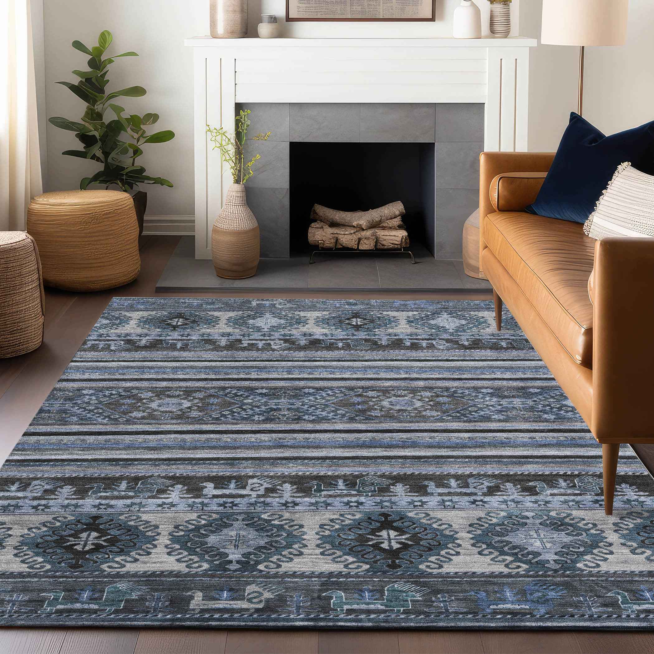 3' X 5' Blue Gray And Charcoal Tribal Washable Indoor Outdoor Area Rug