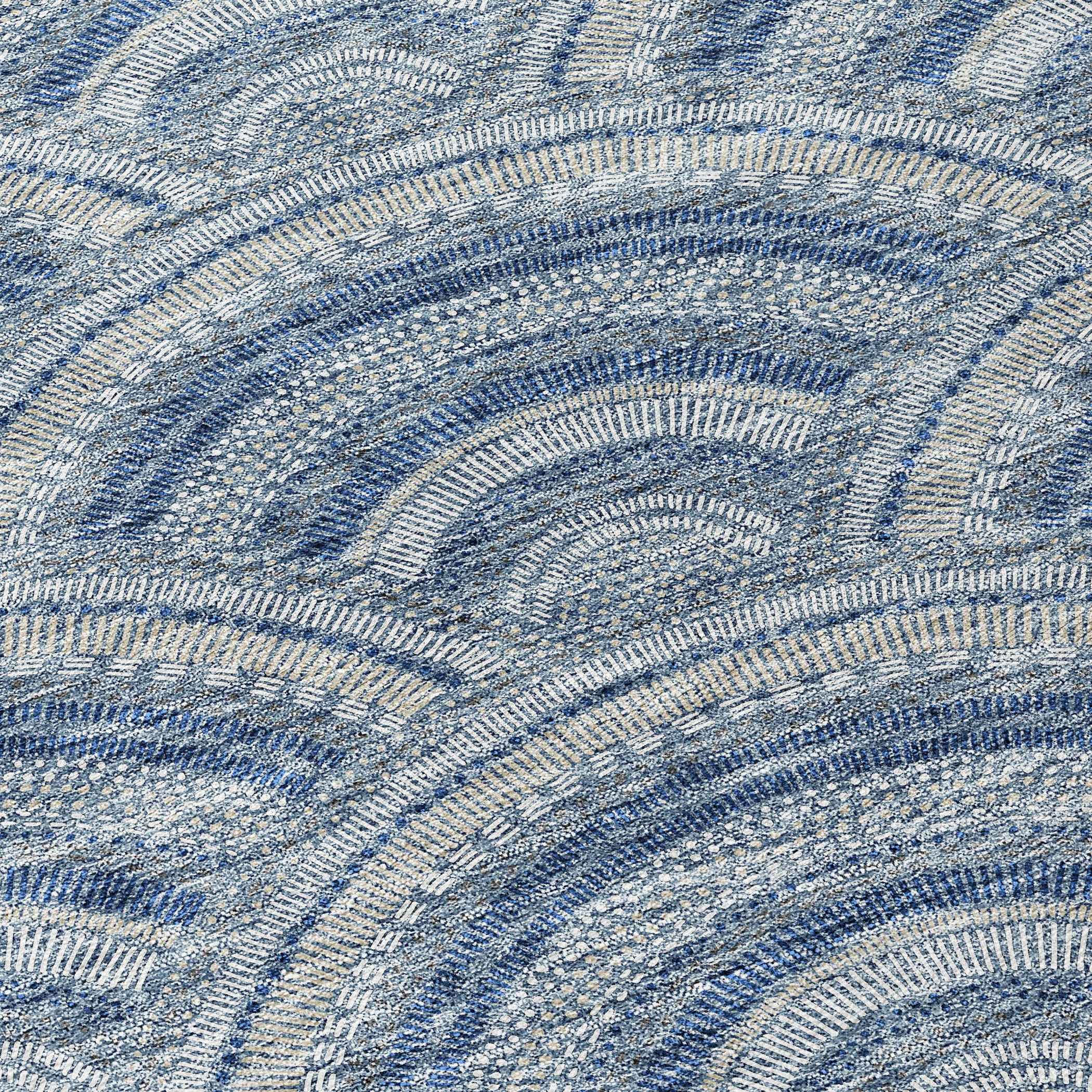 8' Denim Blue Navy Blue And Ivory Round Geometric Washable Indoor Outdoor Area Rug