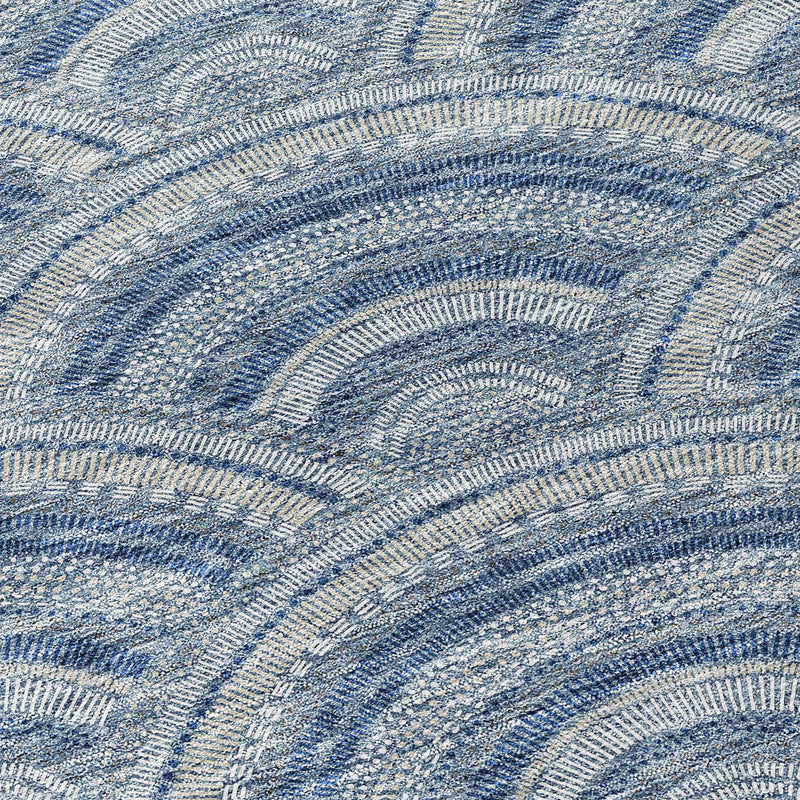 8' Denim Blue Navy Blue And Ivory Round Geometric Washable Indoor Outdoor Area Rug