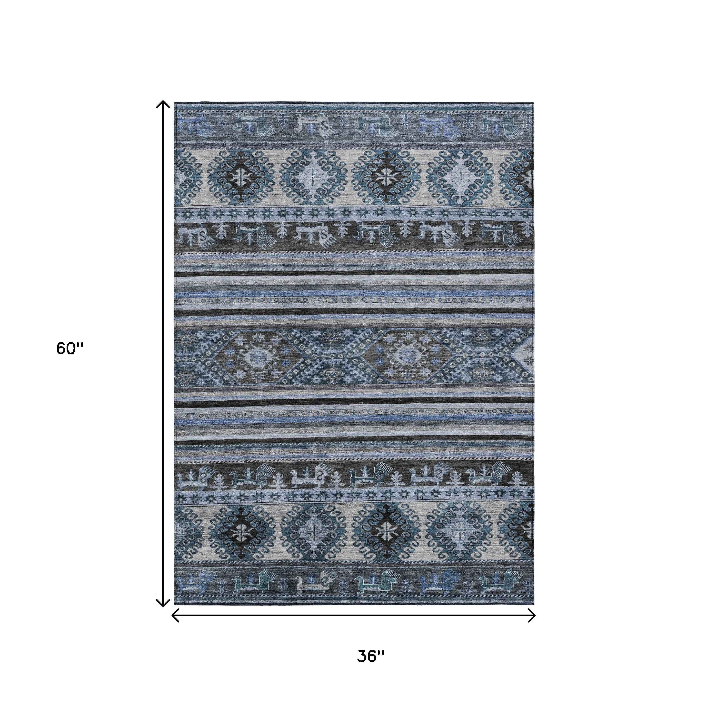 3' X 5' Blue Gray And Charcoal Tribal Washable Indoor Outdoor Area Rug