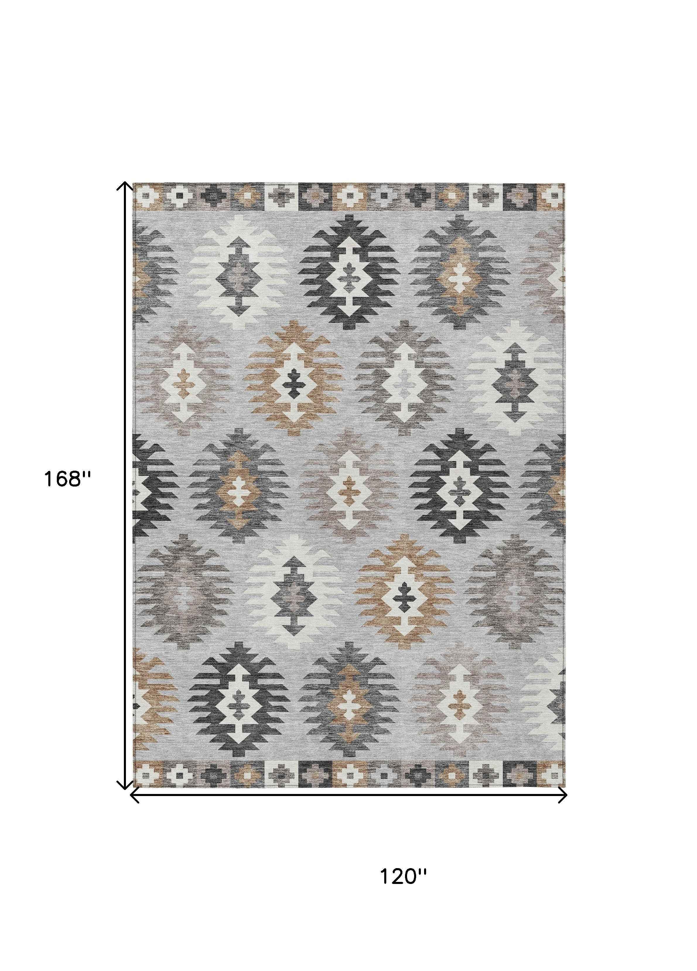 10' X 14' Silver Beige And Charcoal Southwestern Washable Indoor Outdoor Area Rug