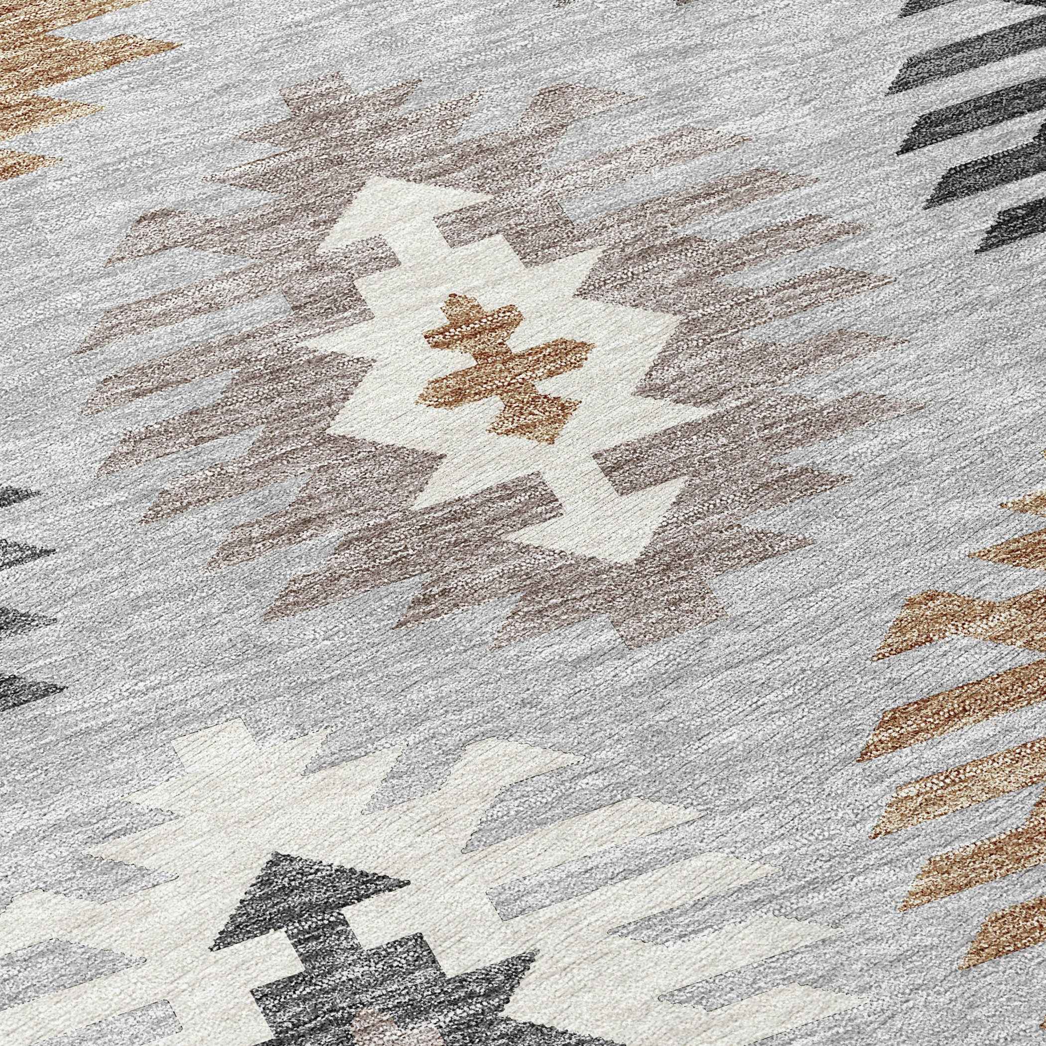 10' X 14' Silver Beige And Charcoal Southwestern Washable Indoor Outdoor Area Rug