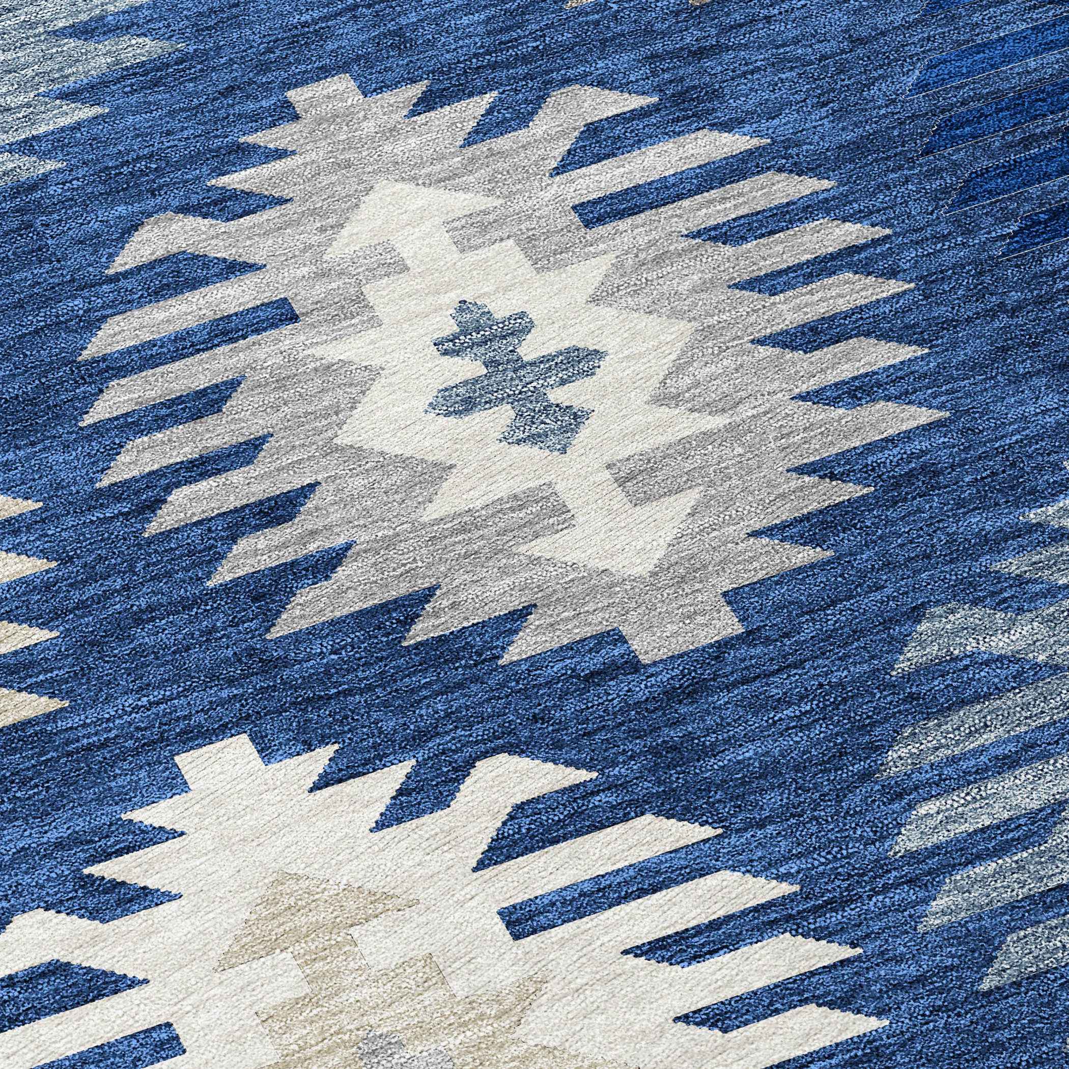 5' X 8' Navy Blue Ivory And Gray Southwestern Washable Indoor Outdoor Area Rug