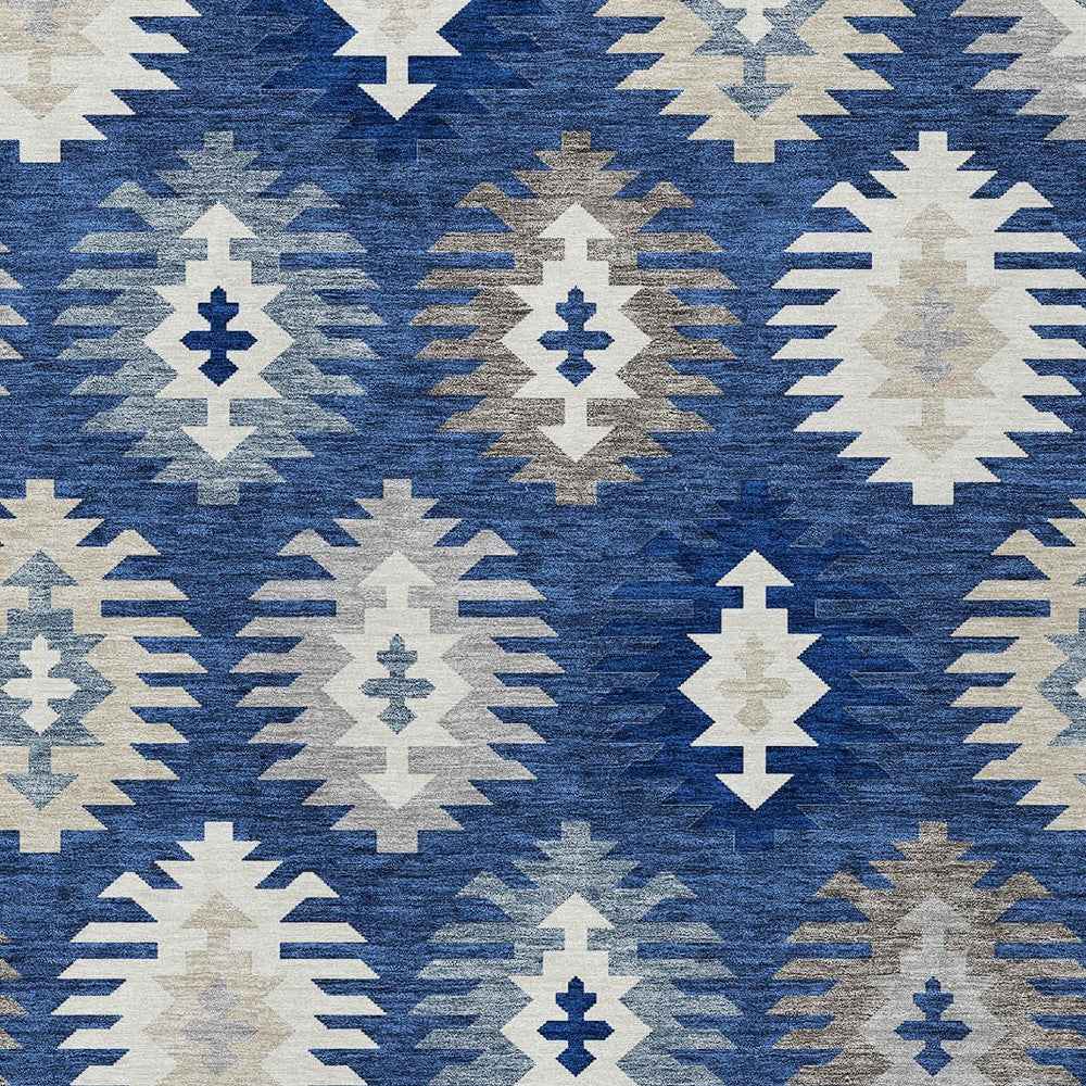5' X 8' Navy Blue Ivory And Gray Southwestern Washable Indoor Outdoor Area Rug