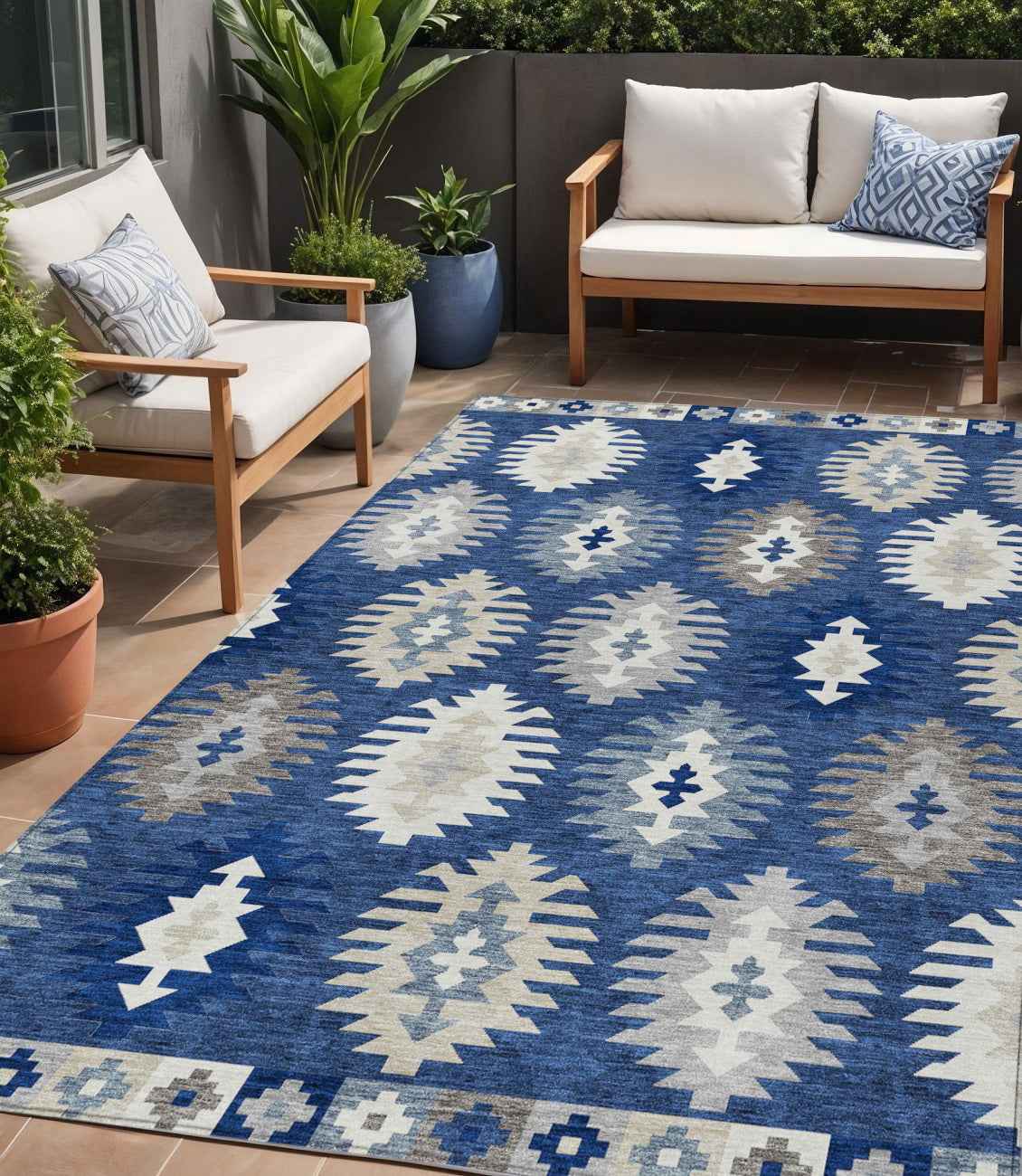 5' X 8' Navy Blue Ivory And Gray Southwestern Washable Indoor Outdoor Area Rug